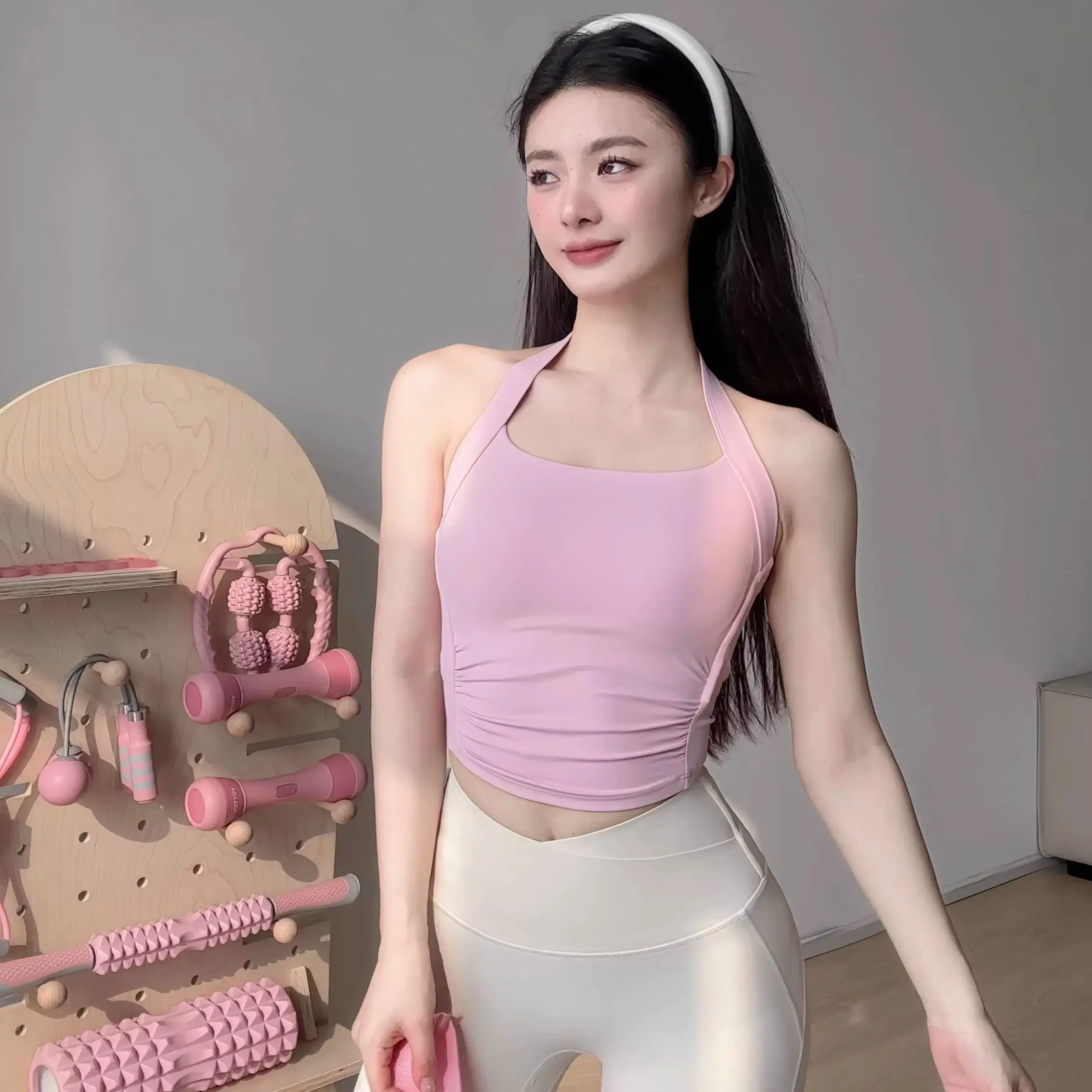 Neck Halter Sports Underwear Women Shockproof Gathering Fitness Bra Beautiful Gym Tops Yoga Vest Running Training Pilates Vest