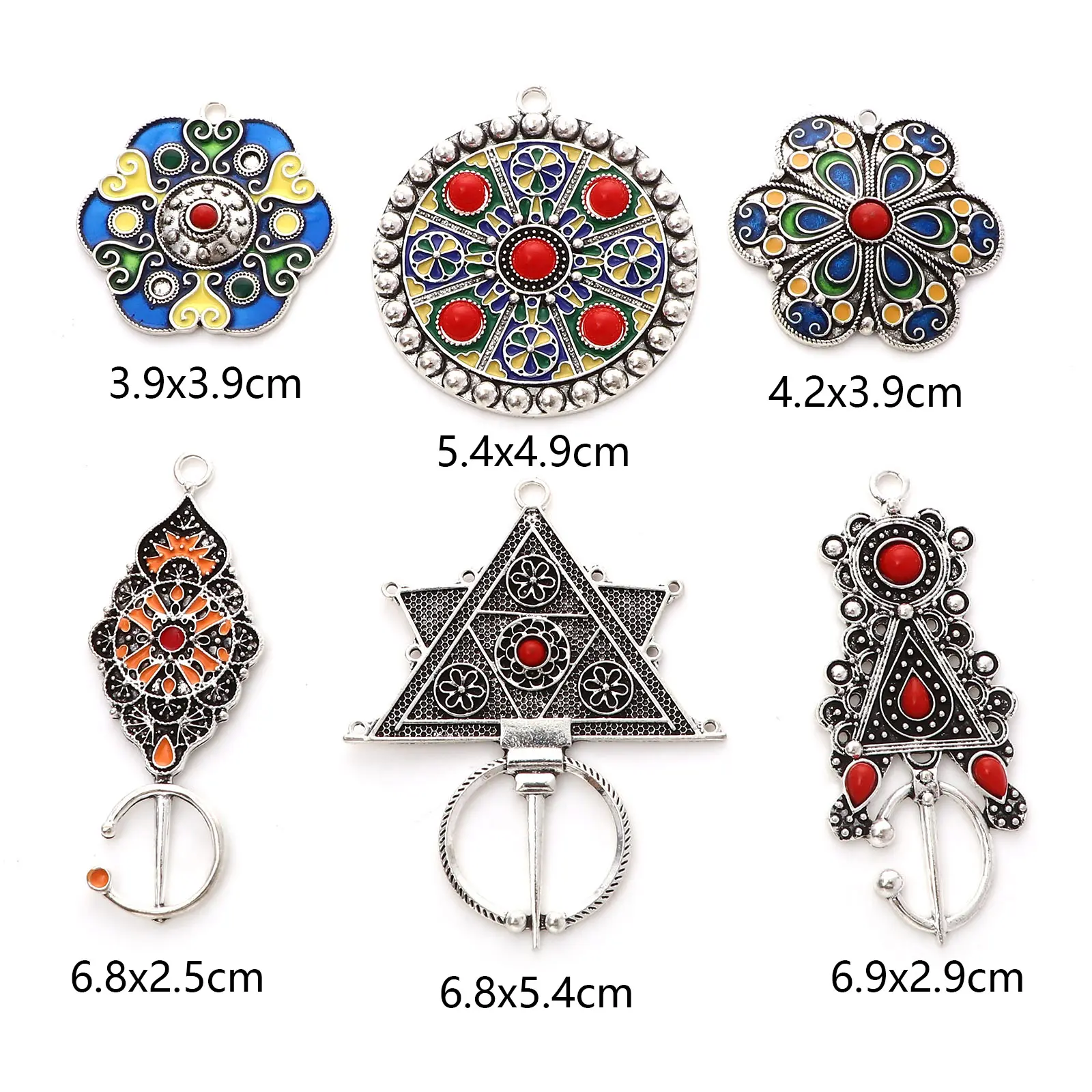 2PCs Ethnic Bohemia Pendants Antique Silver Color Enamel Flower Round Charms For DIY Making Necklace Earrings Jewelry Findings