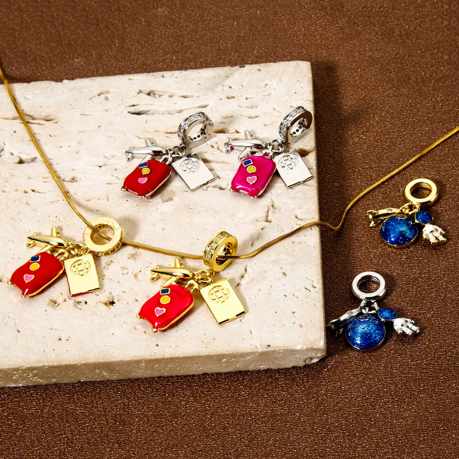1 Piece Brass Dangle Charm Enamel Luggage Trolley Suitcase Universe Planet Pendant For Bracelet Necklace Jewelry Making Finding
