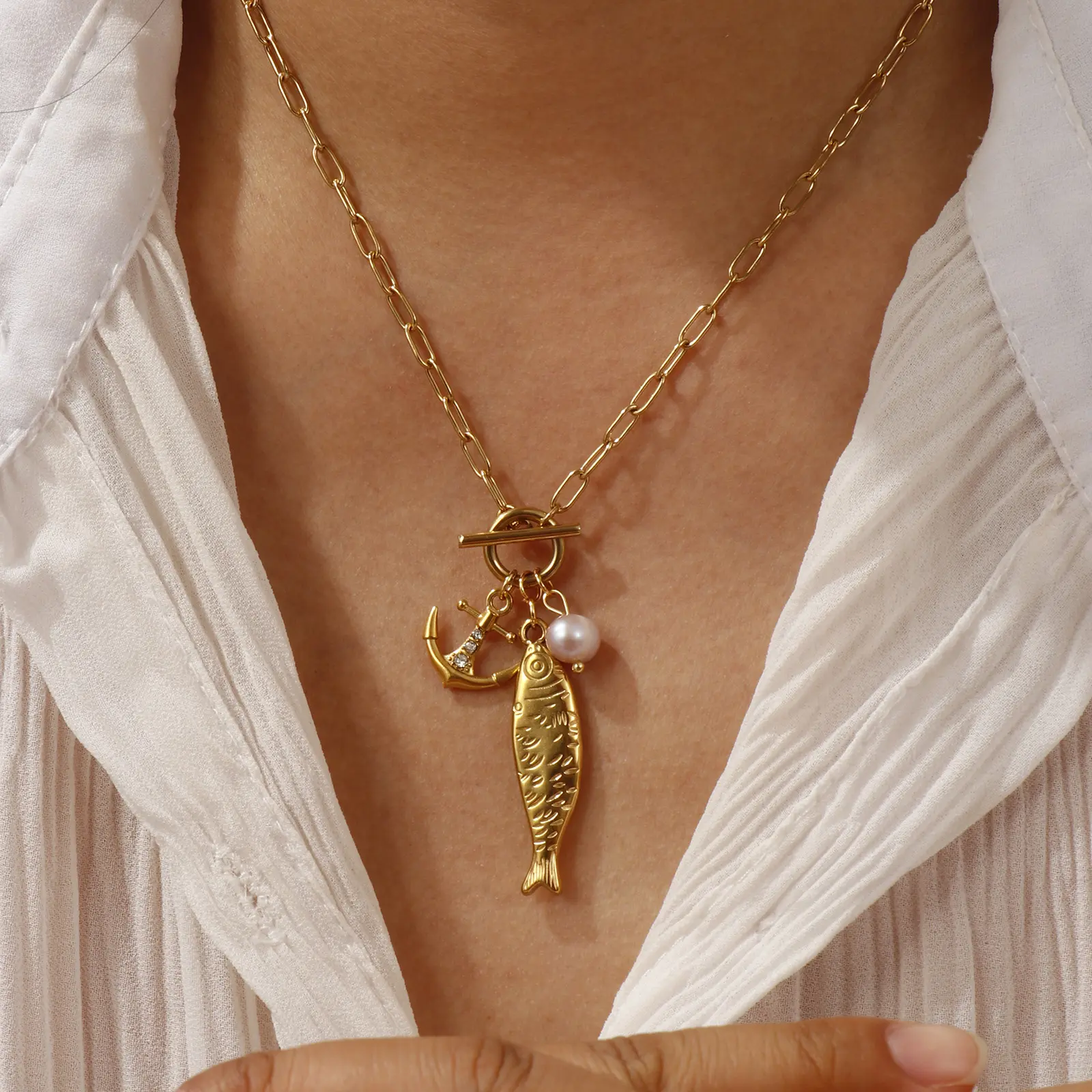304 Stainless Steel Fish Pendant Charm Necklace 18K Gold Plated Paperclip Link Chain 45cm(17.7") For Women Ocean Jewelry Gift