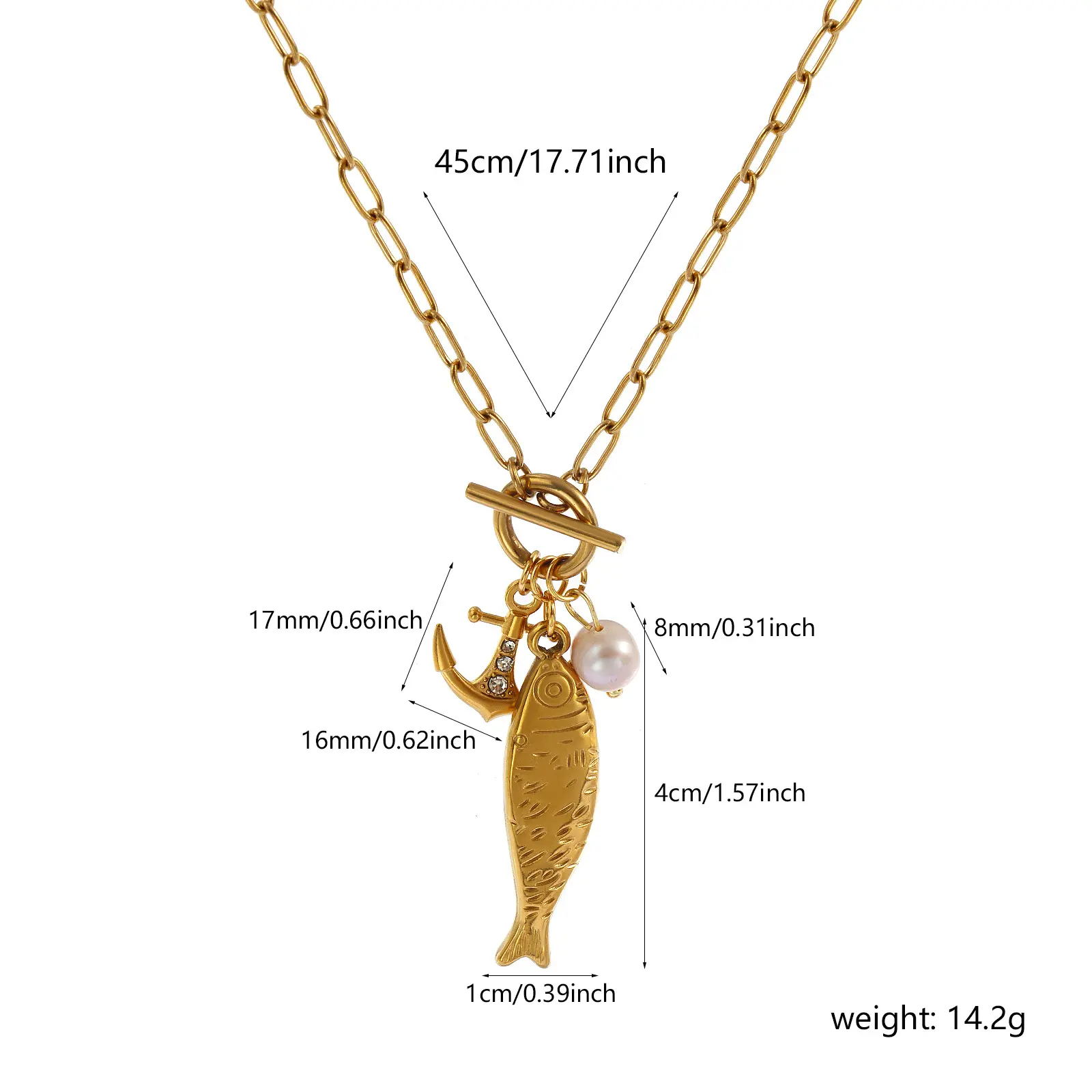 304 Stainless Steel Fish Pendant Charm Necklace 18K Gold Plated Paperclip Link Chain 45cm(17.7") For Women Ocean Jewelry Gift