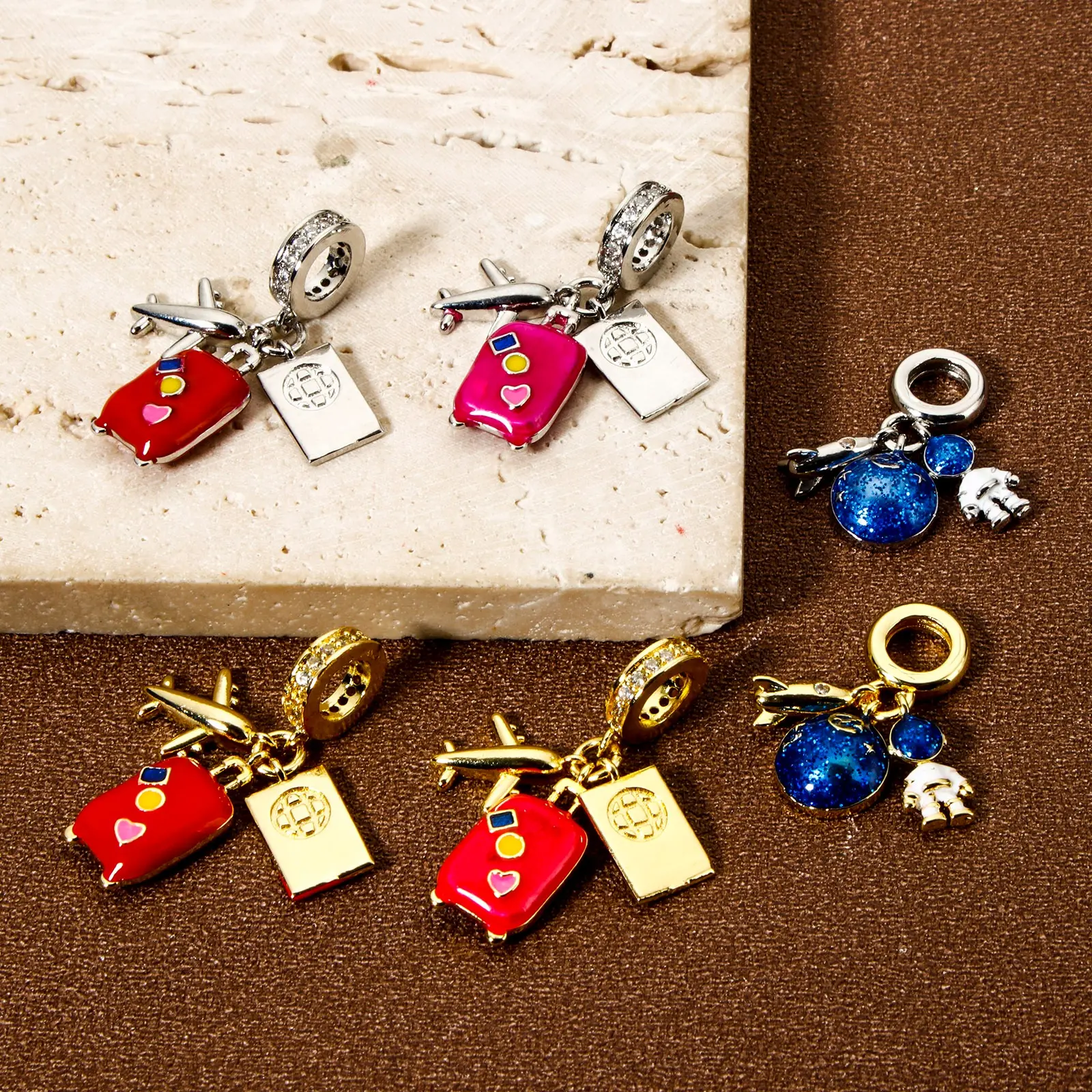 1 Piece Brass Dangle Charm Enamel Luggage Trolley Suitcase Universe Planet Pendant For Bracelet Necklace Jewelry Making Finding