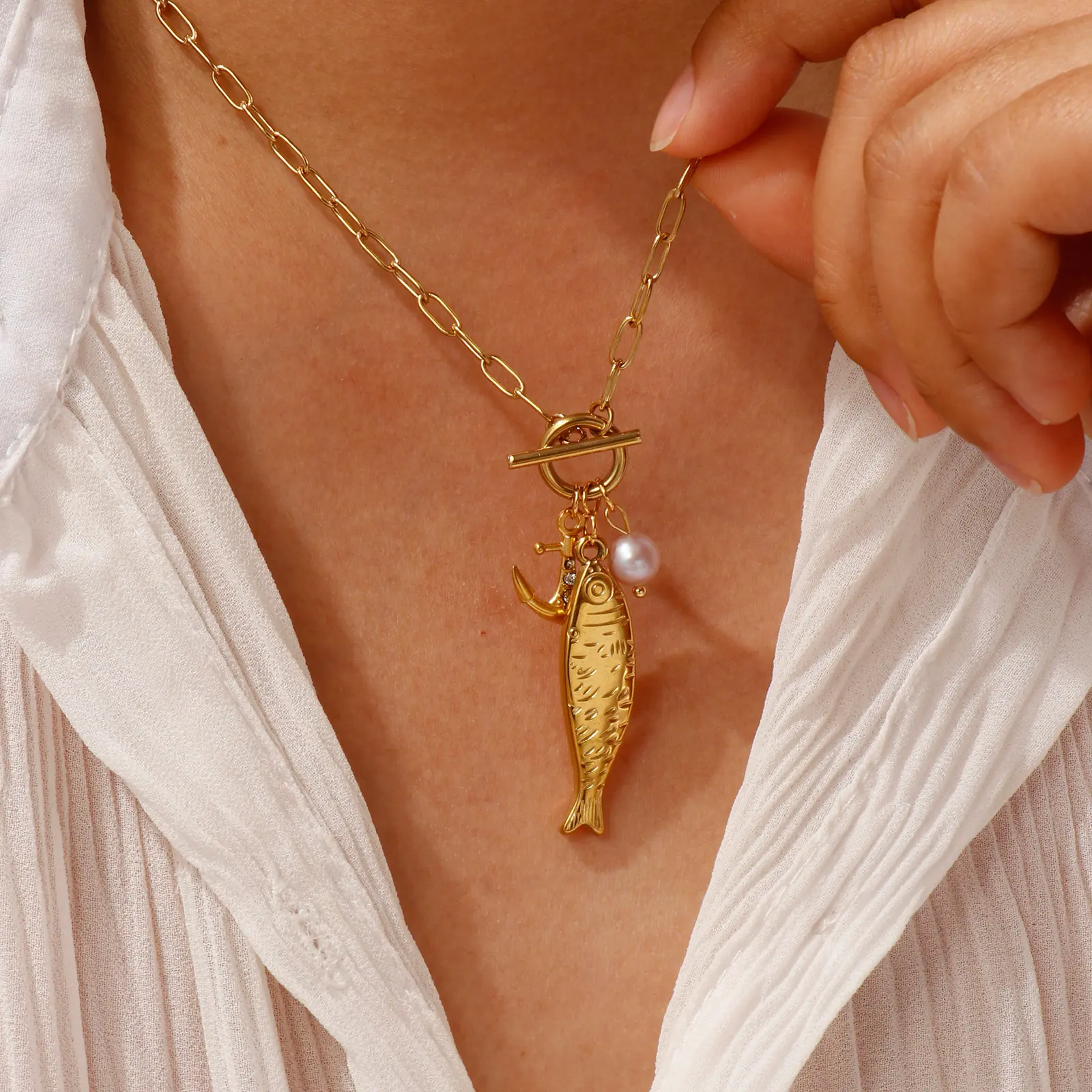 304 Stainless Steel Fish Pendant Charm Necklace 18K Gold Plated Paperclip Link Chain 45cm(17.7") For Women Ocean Jewelry Gift