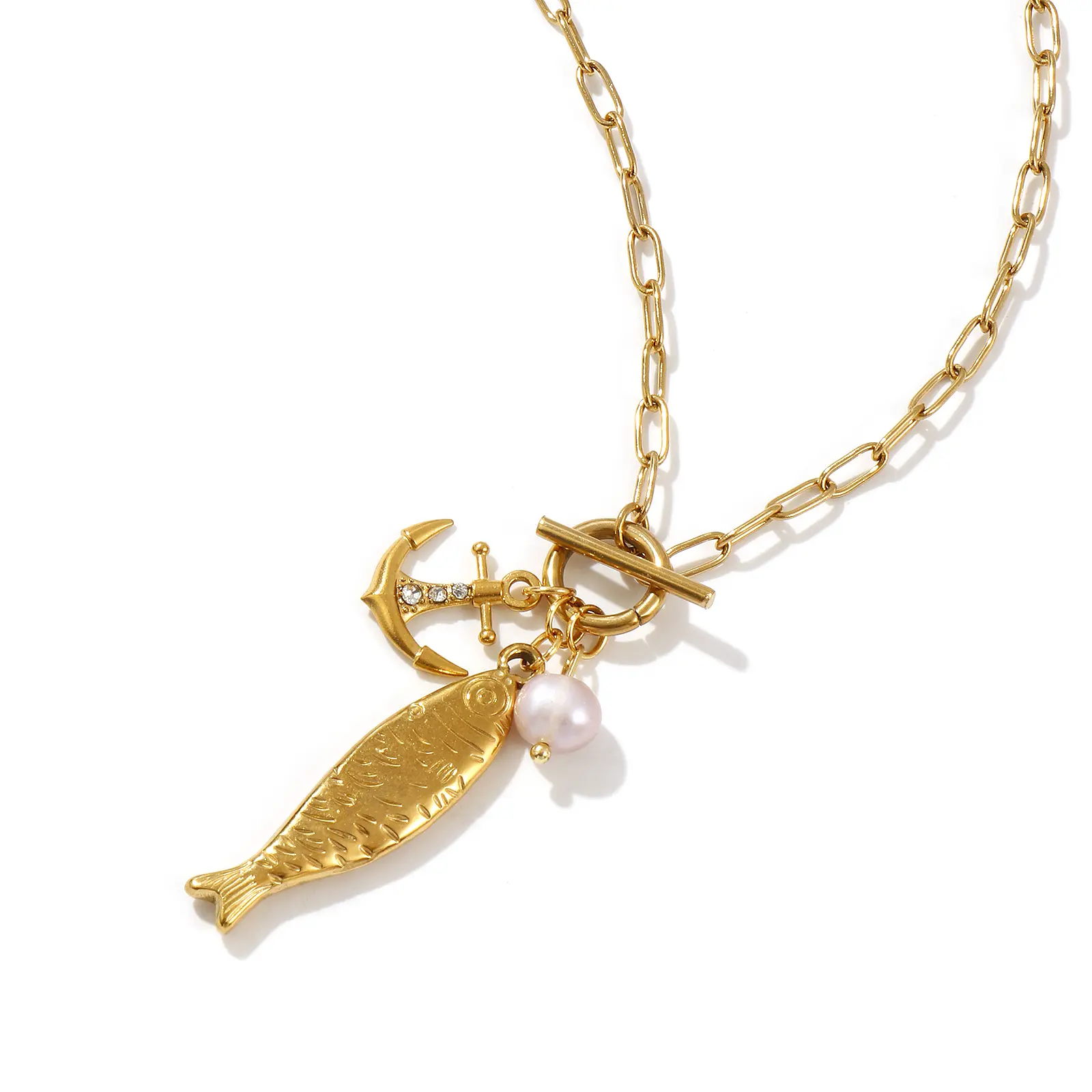304 Stainless Steel Fish Pendant Charm Necklace 18K Gold Plated Paperclip Link Chain 45cm(17.7") For Women Ocean Jewelry Gift
