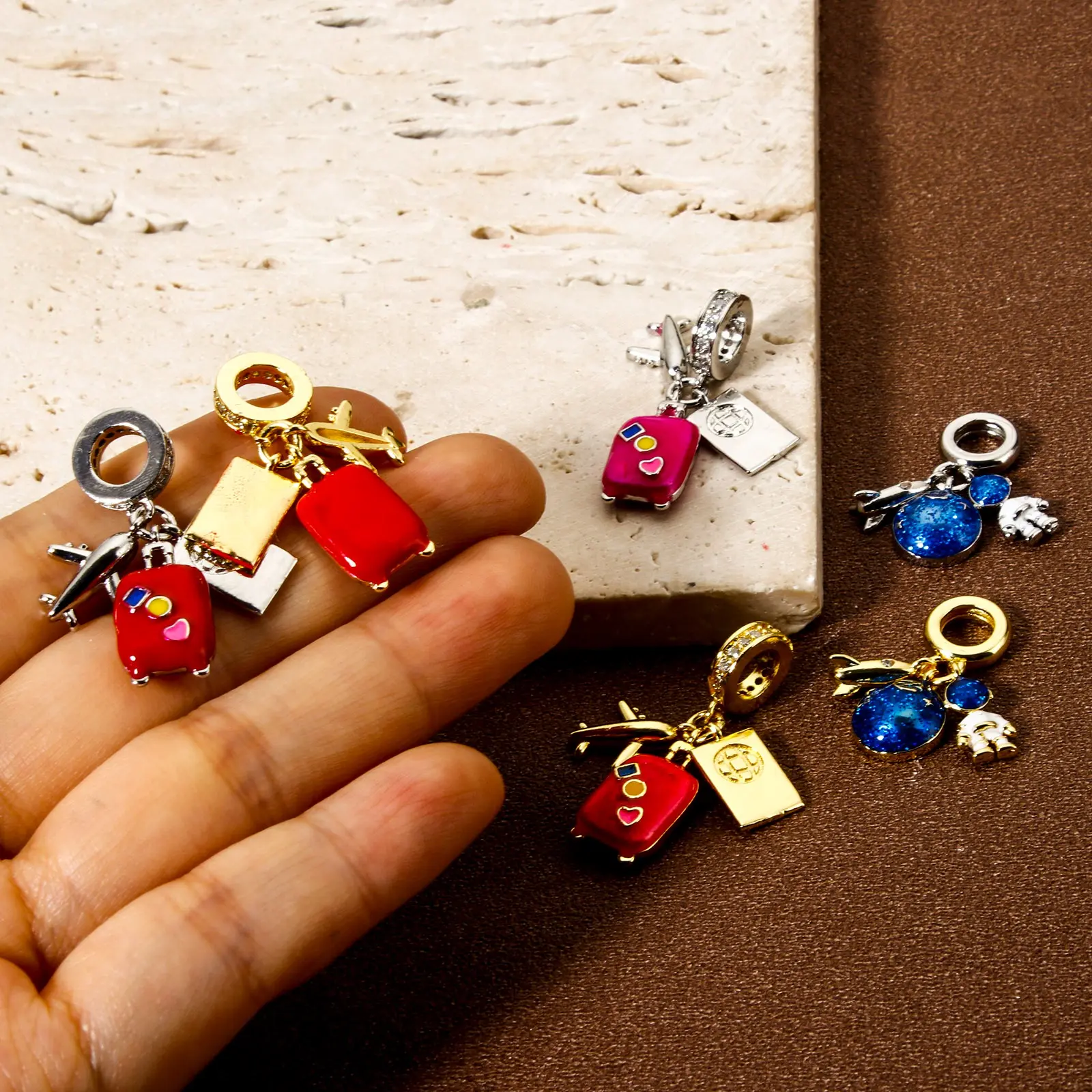 1 Piece Brass Dangle Charm Enamel Luggage Trolley Suitcase Universe Planet Pendant For Bracelet Necklace Jewelry Making Finding