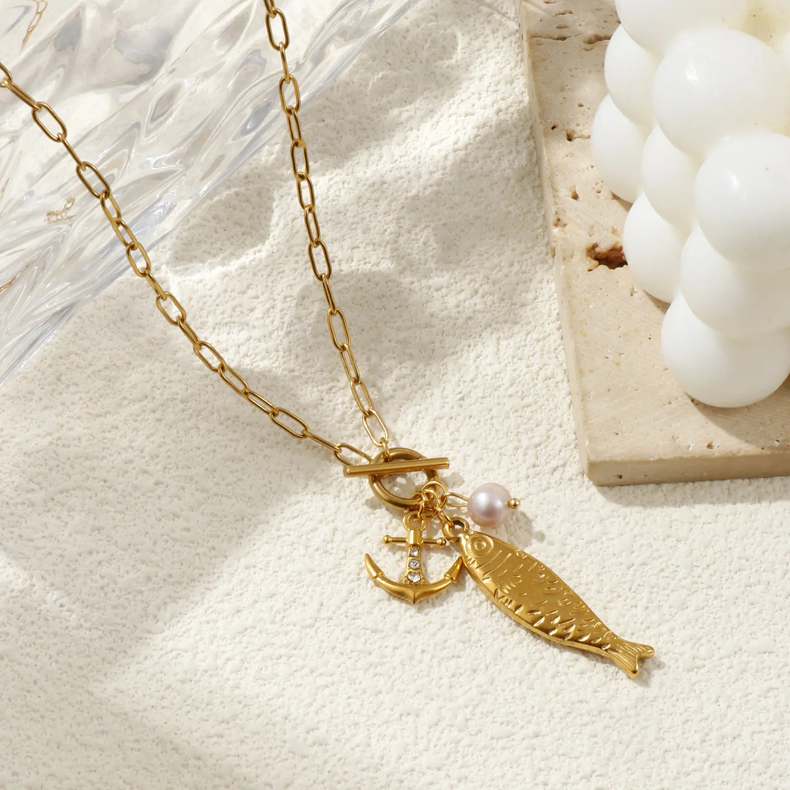 304 Stainless Steel Fish Pendant Charm Necklace 18K Gold Plated Paperclip Link Chain 45cm(17.7") For Women Ocean Jewelry Gift