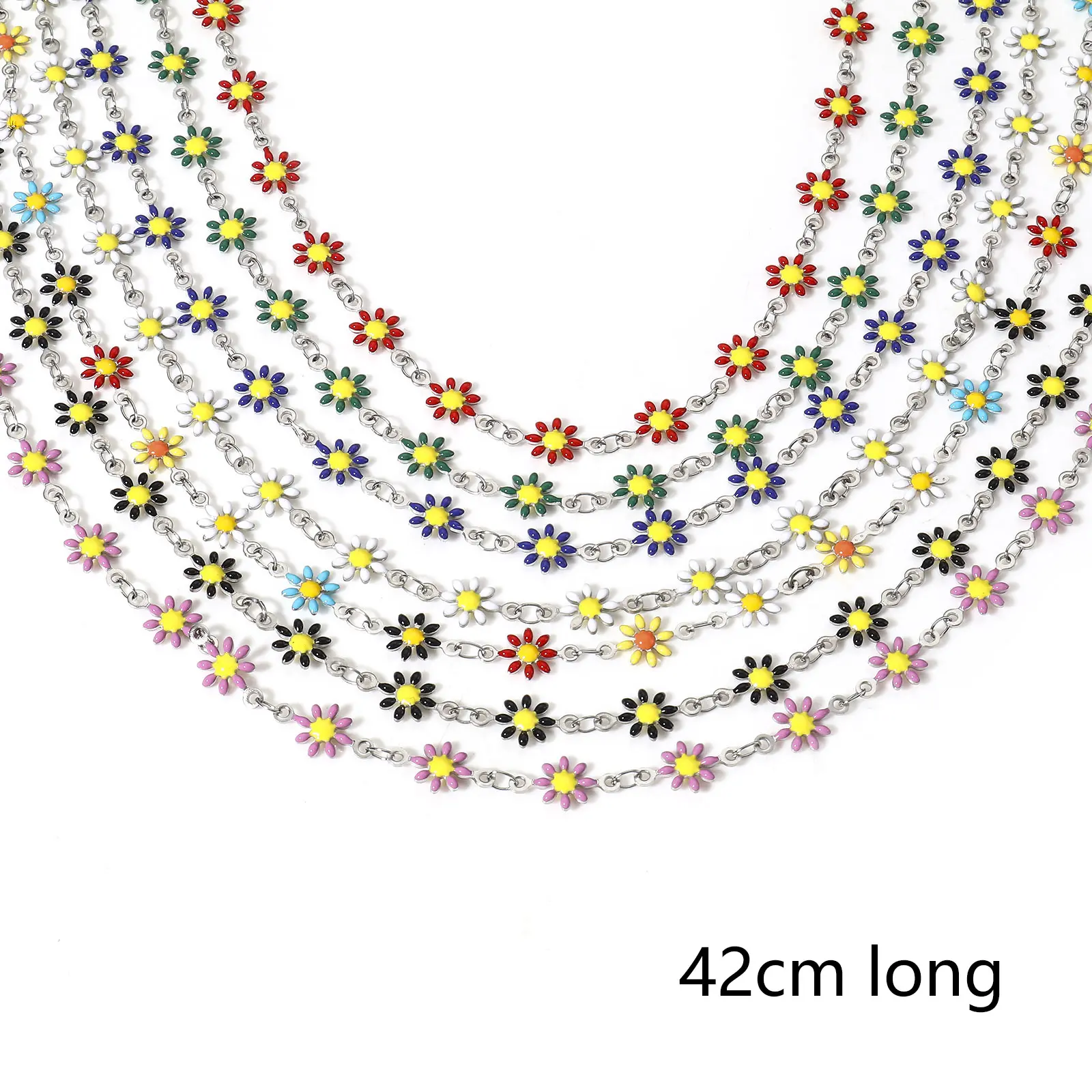 1 Piece 304 Stainless Steel Handmade Link Chain Necklace Silver Color Daisy Flower Double-sided Enamel Charms 42cm(16 4/8") long