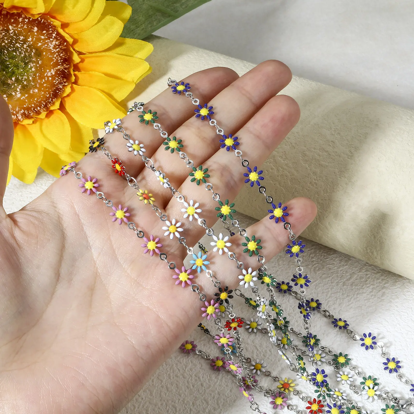 1 Piece 304 Stainless Steel Handmade Link Chain Necklace Silver Color Daisy Flower Double-sided Enamel Charms 42cm(16 4/8") long