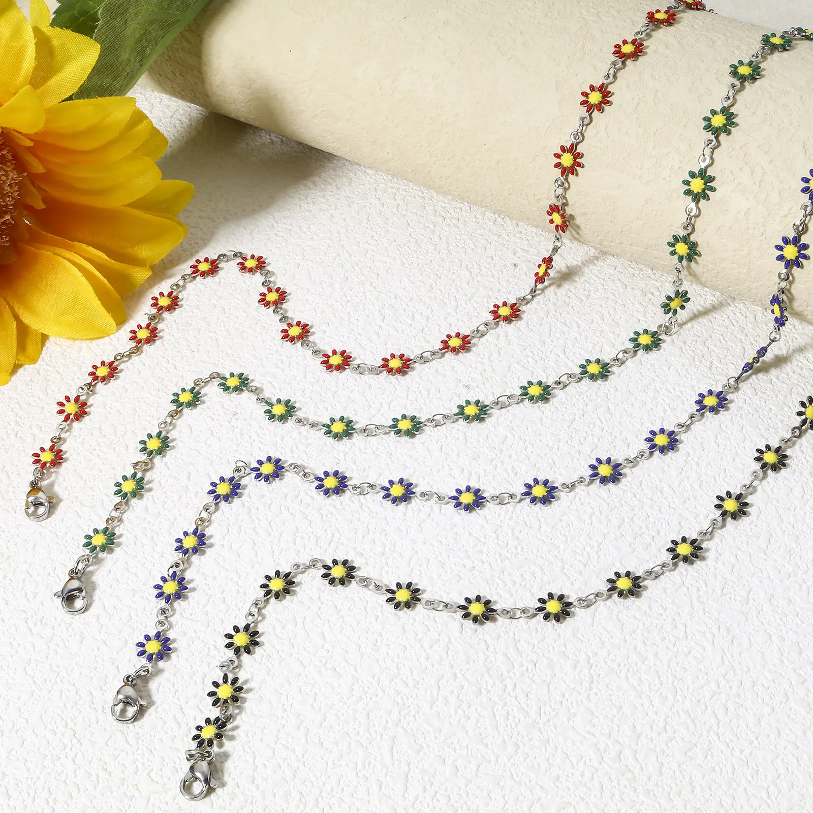 1 Piece 304 Stainless Steel Handmade Link Chain Necklace Silver Color Daisy Flower Double-sided Enamel Charms 42cm(16 4/8") long