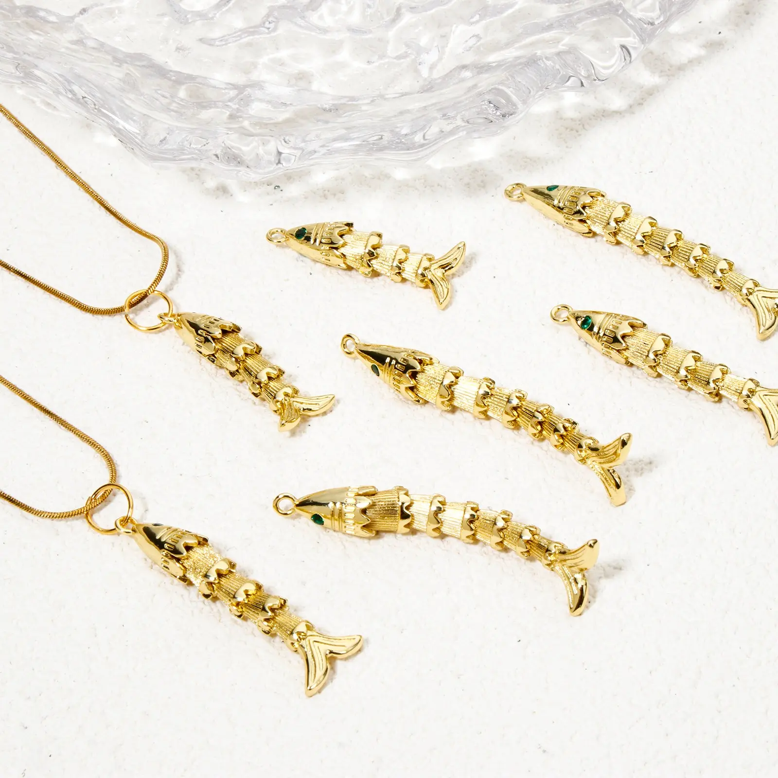 1 Piece New Brass Ocean Jewelry Pendants Fish Animal Movable Green Cubic Zirconia Eyes For DIY Jewelry Making Necklace