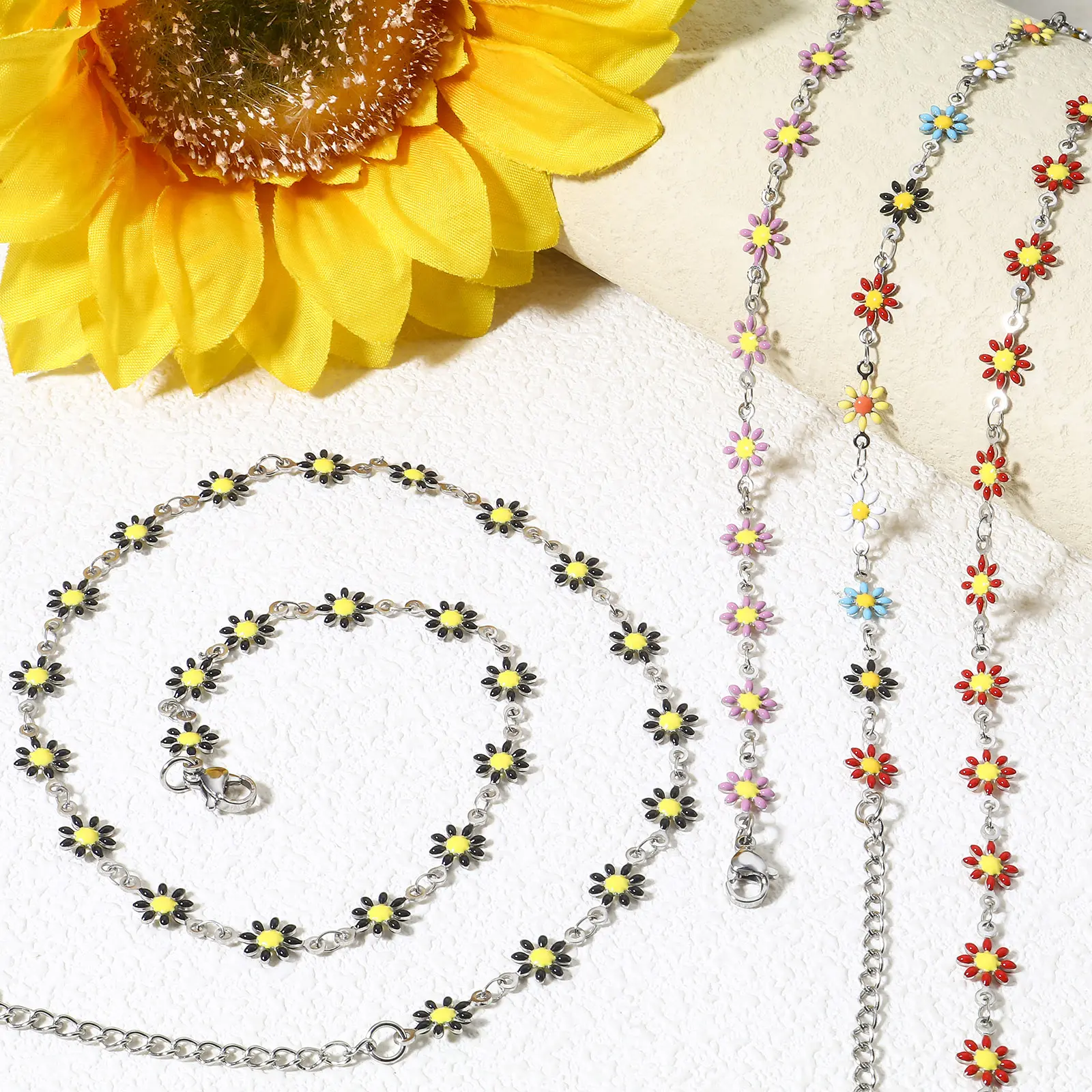 1 Piece 304 Stainless Steel Handmade Link Chain Necklace Silver Color Daisy Flower Double-sided Enamel Charms 42cm(16 4/8") long