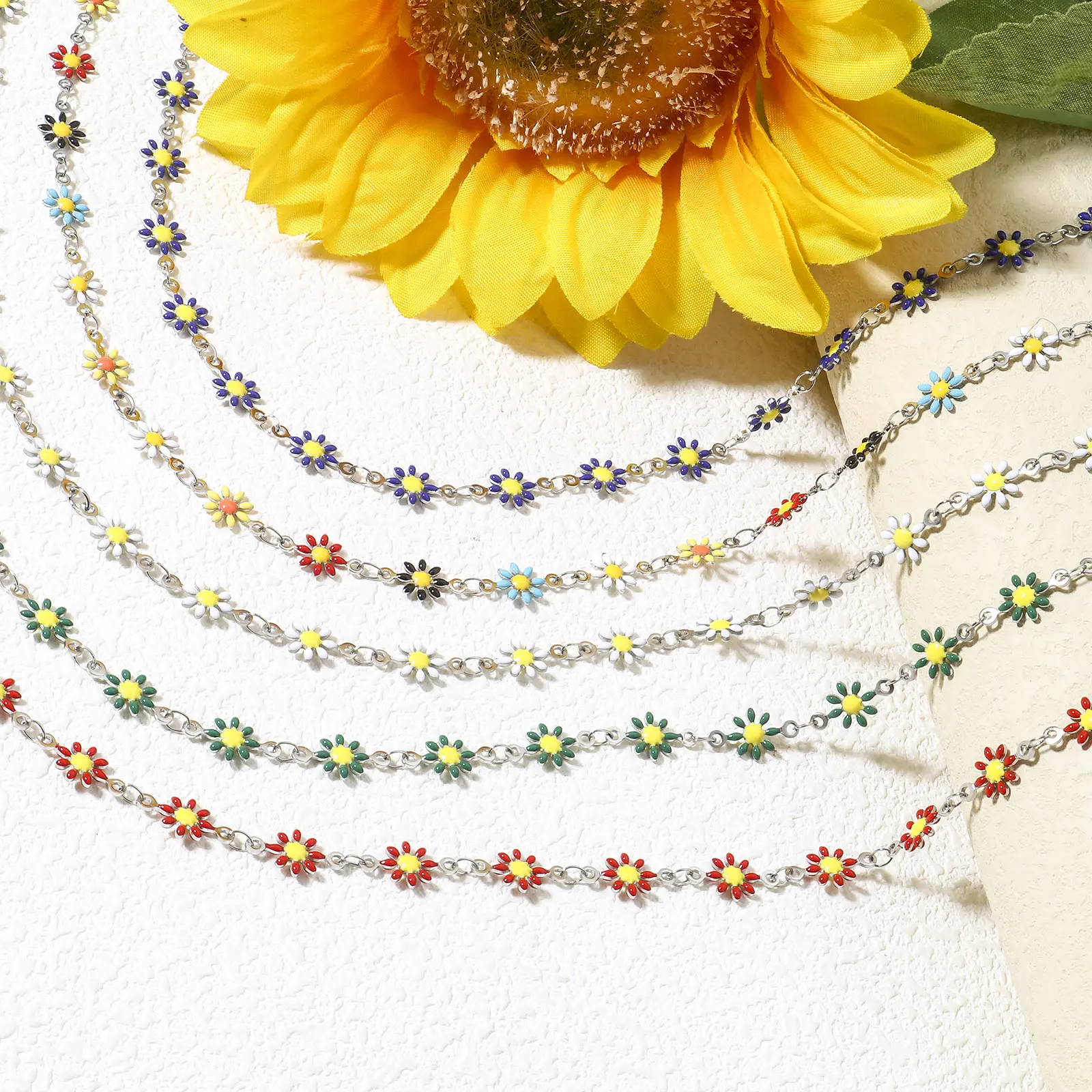 1 Piece 304 Stainless Steel Handmade Link Chain Necklace Silver Color Daisy Flower Double-sided Enamel Charms 42cm(16 4/8") long