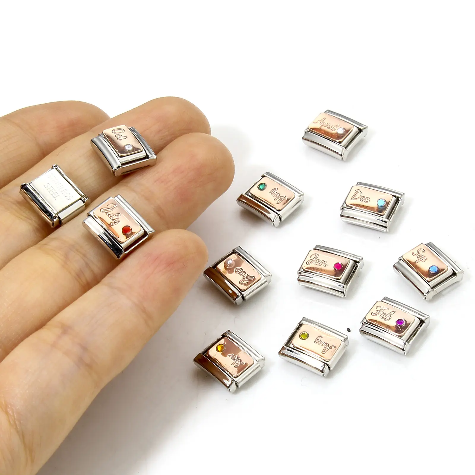 1 Piece 304 Stainless Steel Birthstone Italian Charm Links For DIY Bracelet Jewelry Making Silver Color Fit 9mm Bracelets Beads