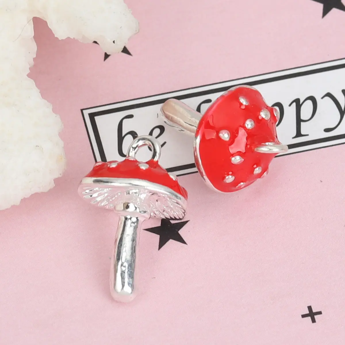 30Pcs Wholesale 3D Mushroom Pendants Zinc Based Alloy Charms Silver Color Red Enamel For Women DIY Making Necklace Jewelry