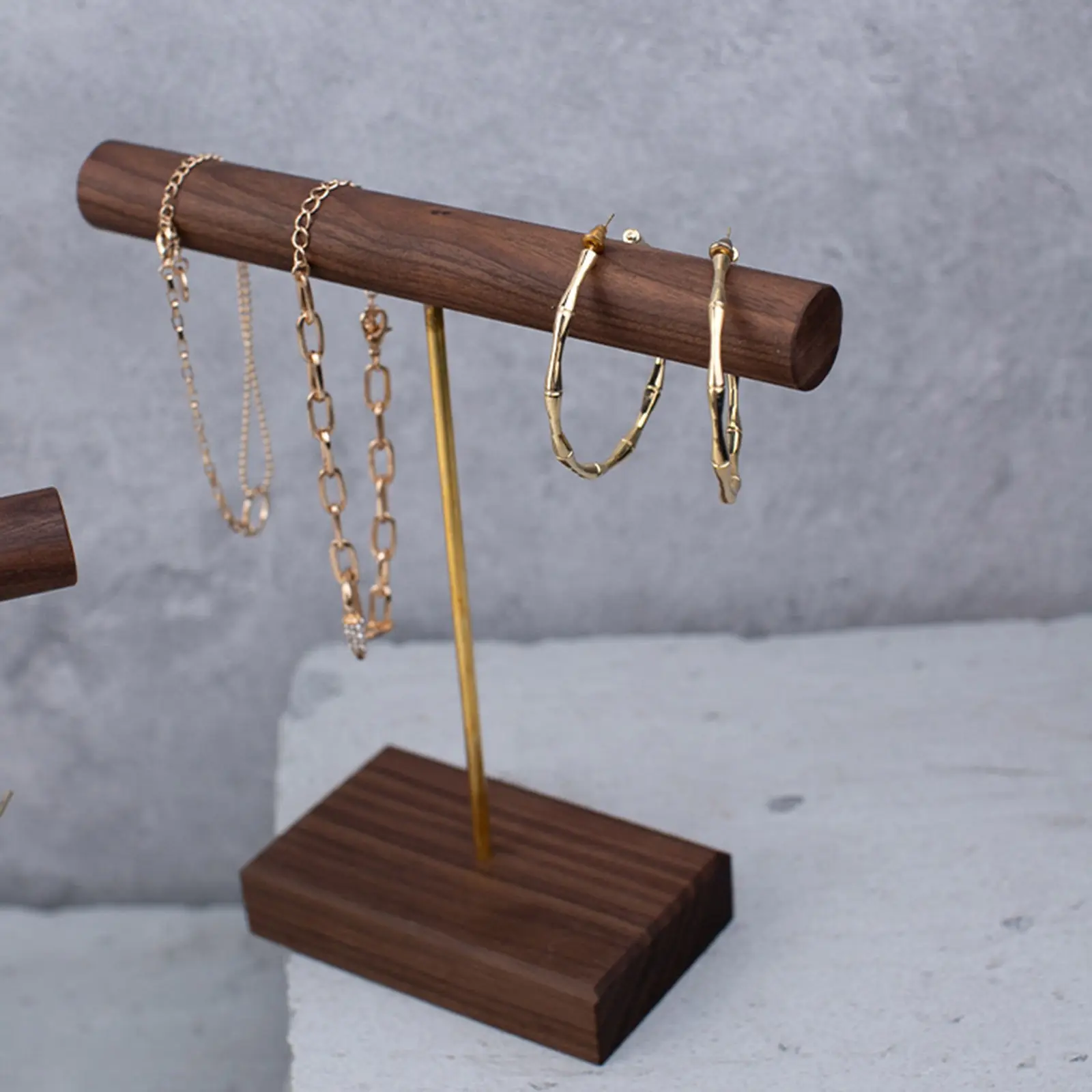 Walnut Wooden T-shaped Jewelry Displays Holders Rack Dark Brown Jewelry Shelf Jewelry Stand Counter Storage Jewelry Display,1PC