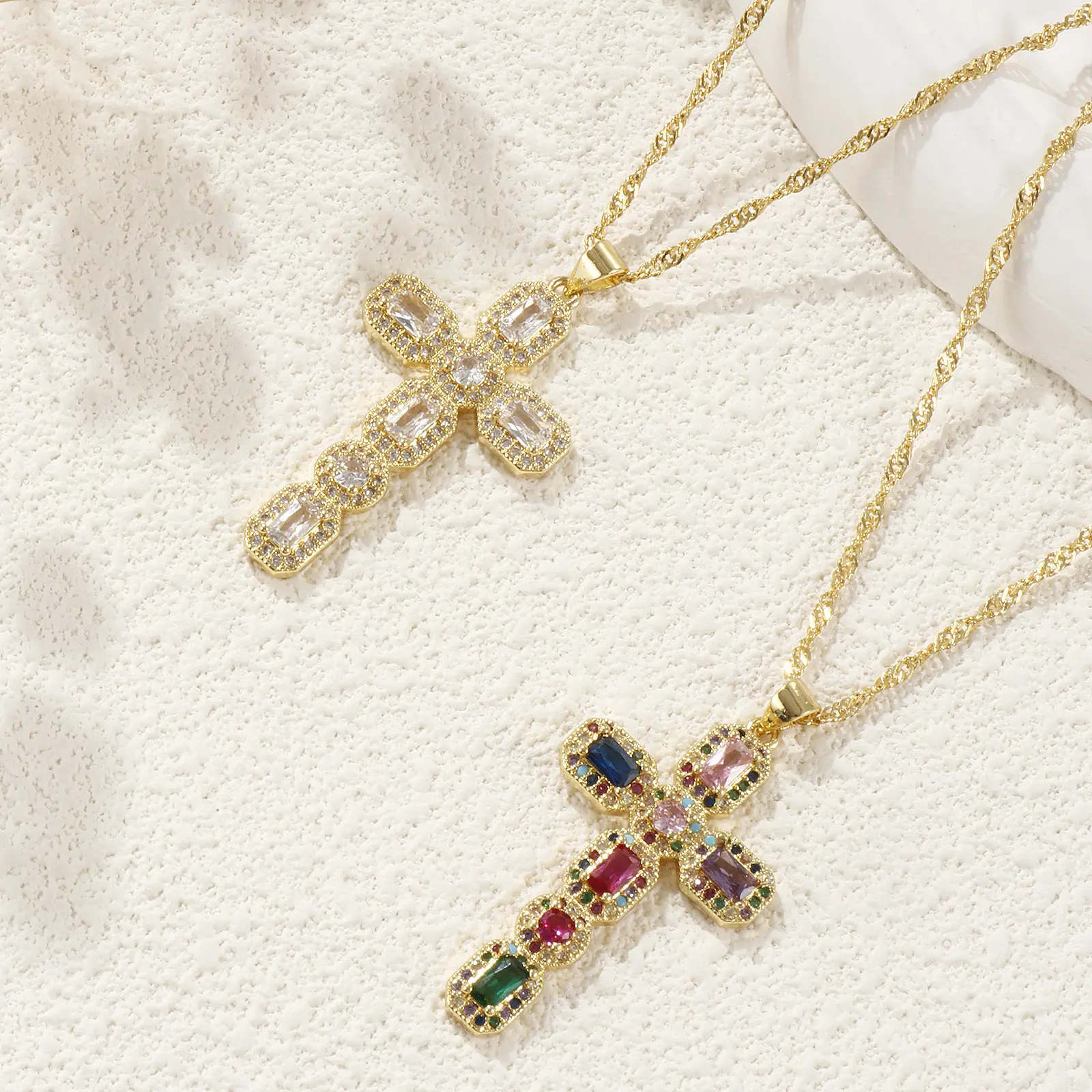 Brass Religious Cross Necklace 18K Real Gold Plated Wave Twisted Chain Micro Pave Pendant Necklace Unisex Gift 45cm+5cm long