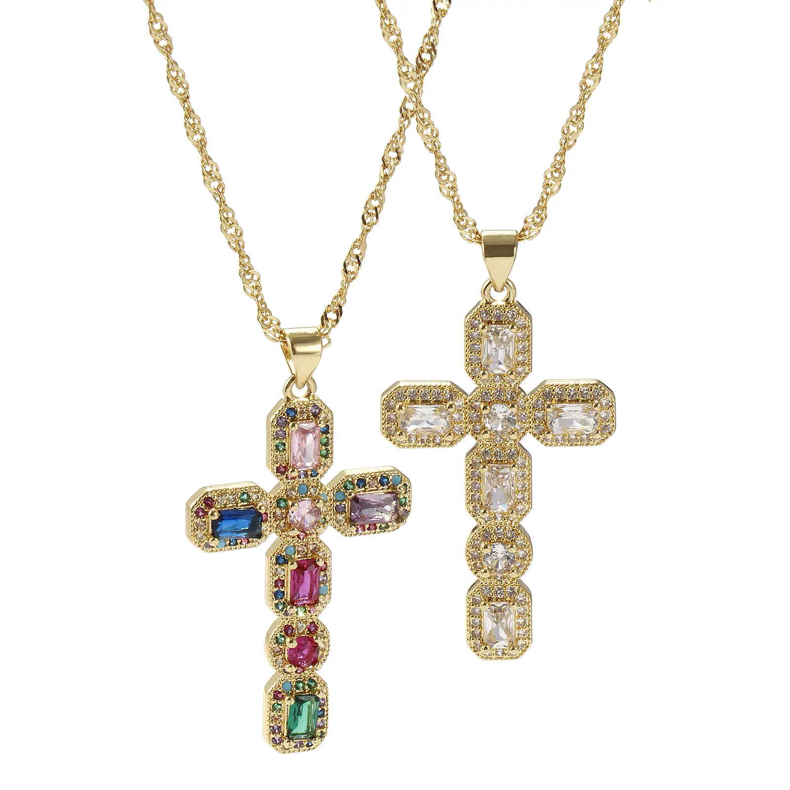 Brass Religious Cross Necklace 18K Real Gold Plated Wave Twisted Chain Micro Pave Pendant Necklace Unisex Gift 45cm+5cm long