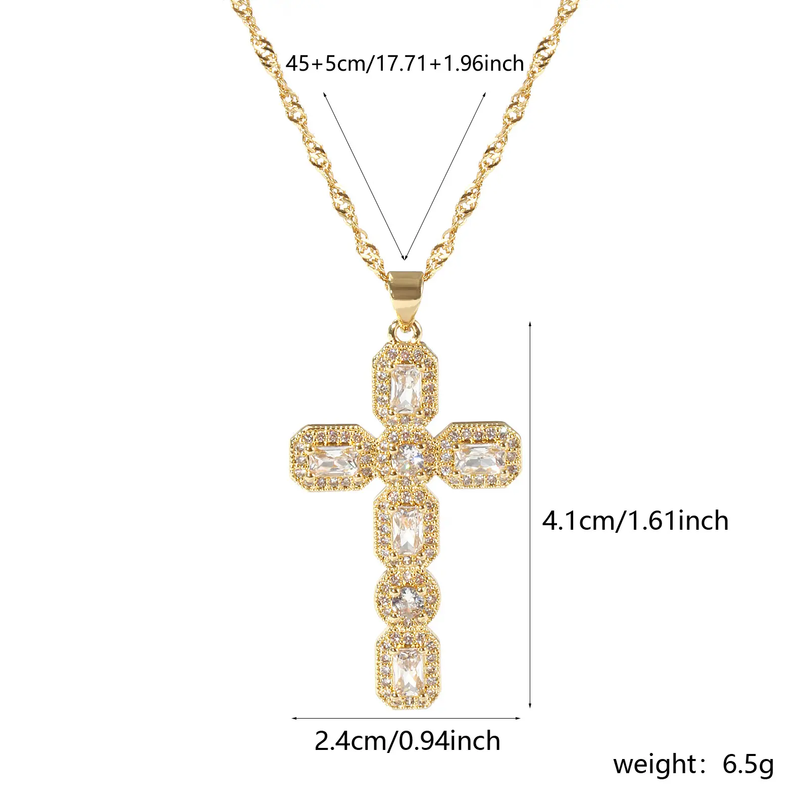 Brass Religious Cross Necklace 18K Real Gold Plated Wave Twisted Chain Micro Pave Pendant Necklace Unisex Gift 45cm+5cm long