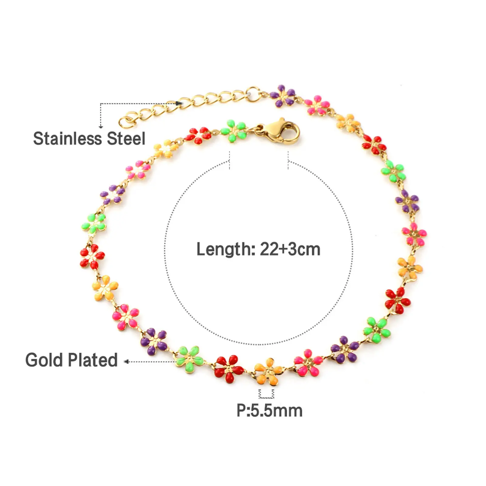 304 Stainless Steel Anklet Multicolor Enamel Evil Eye Flower Charms For Women On Foot Ankle Sandals Barefoot 22cm(8 5/8") Long