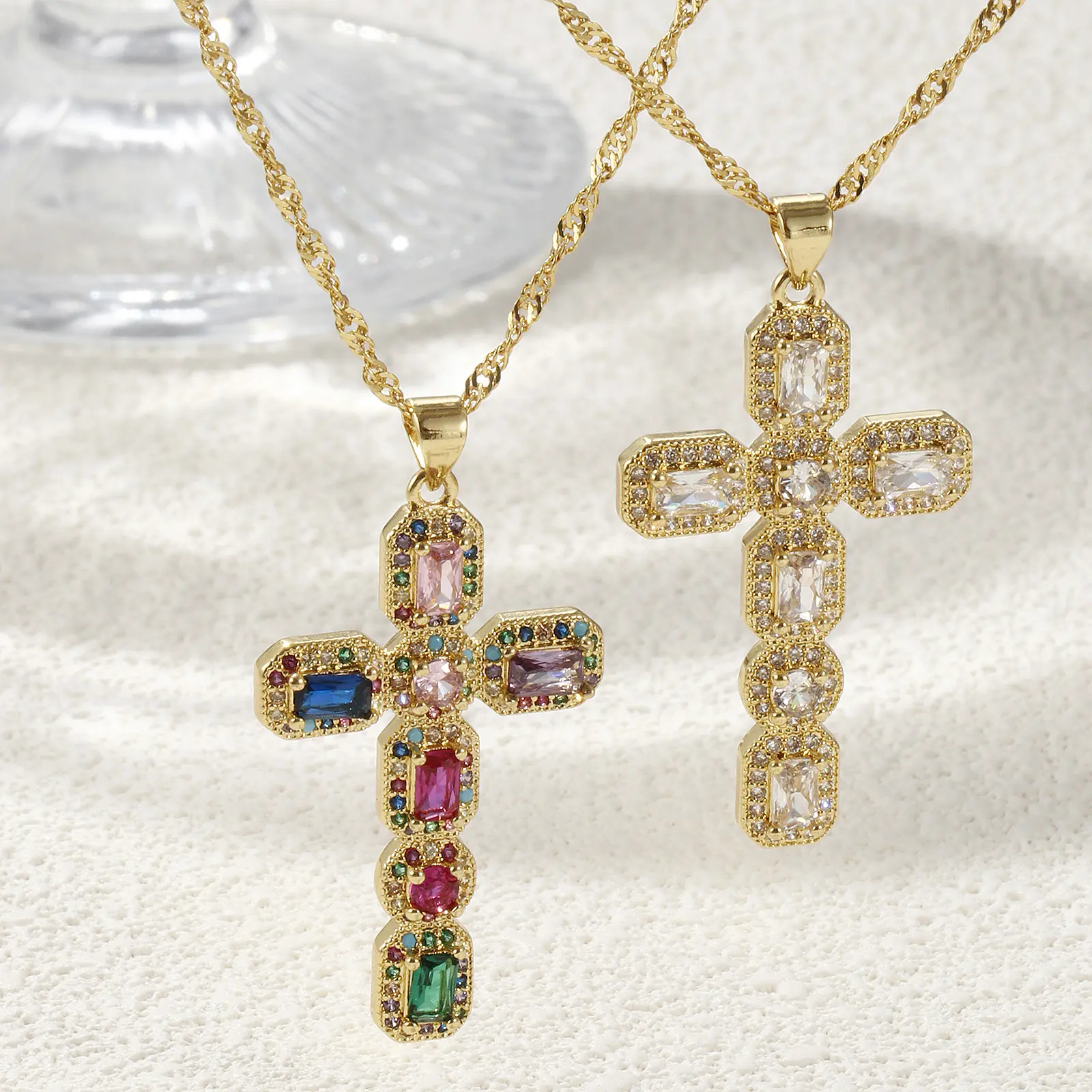 Brass Religious Cross Necklace 18K Real Gold Plated Wave Twisted Chain Micro Pave Pendant Necklace Unisex Gift 45cm+5cm long