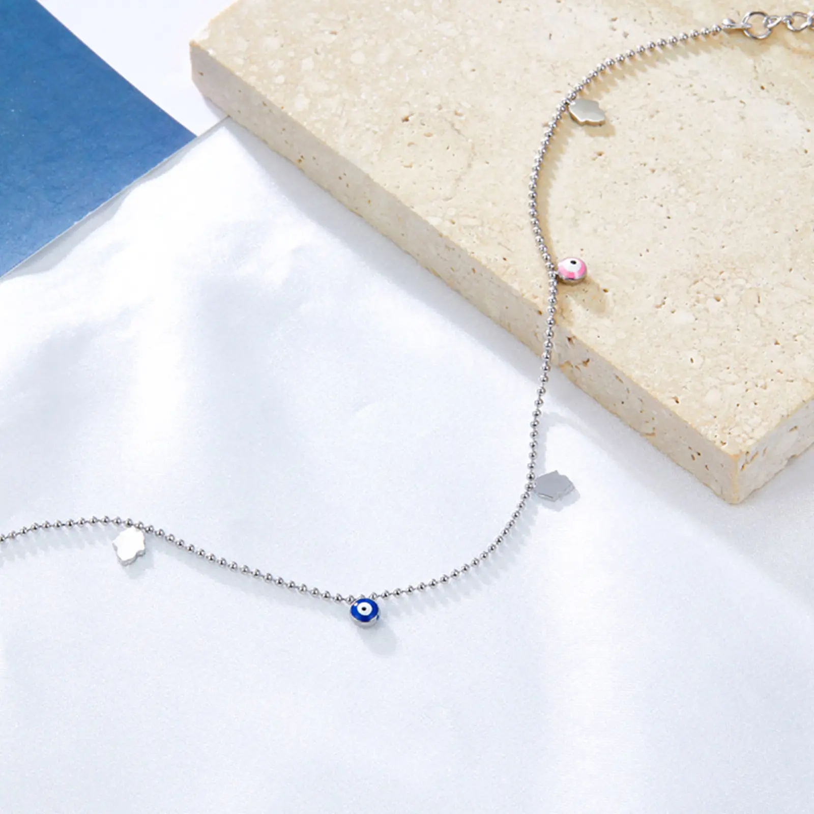 304 Stainless Steel Anklet Multicolor Enamel Evil Eye Flower Charms For Women On Foot Ankle Sandals Barefoot 22cm(8 5/8") Long