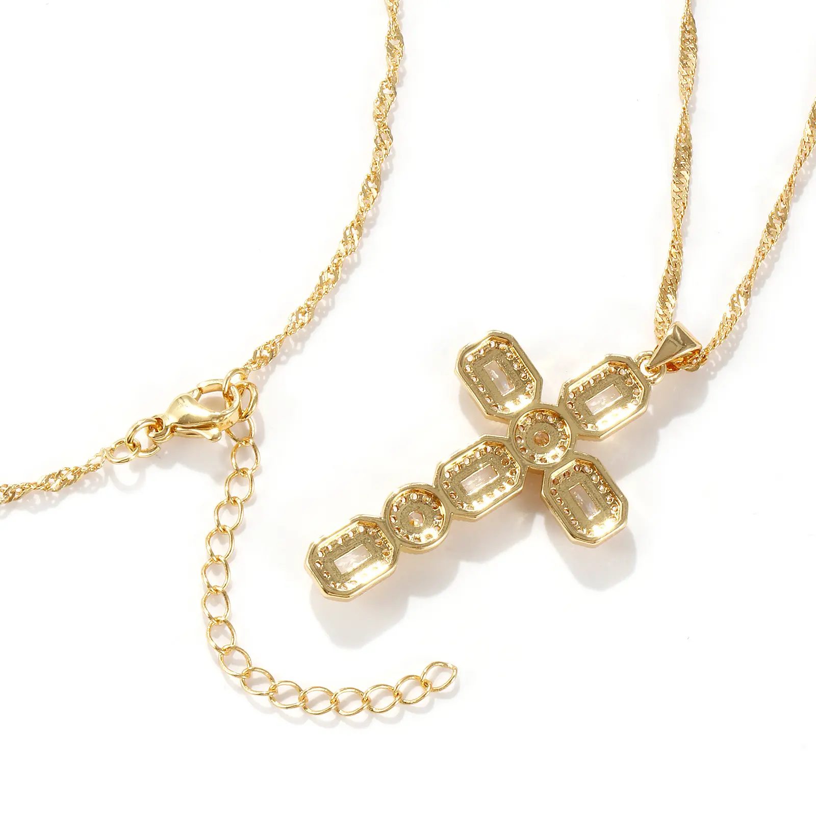 Brass Religious Cross Necklace 18K Real Gold Plated Wave Twisted Chain Micro Pave Pendant Necklace Unisex Gift 45cm+5cm long