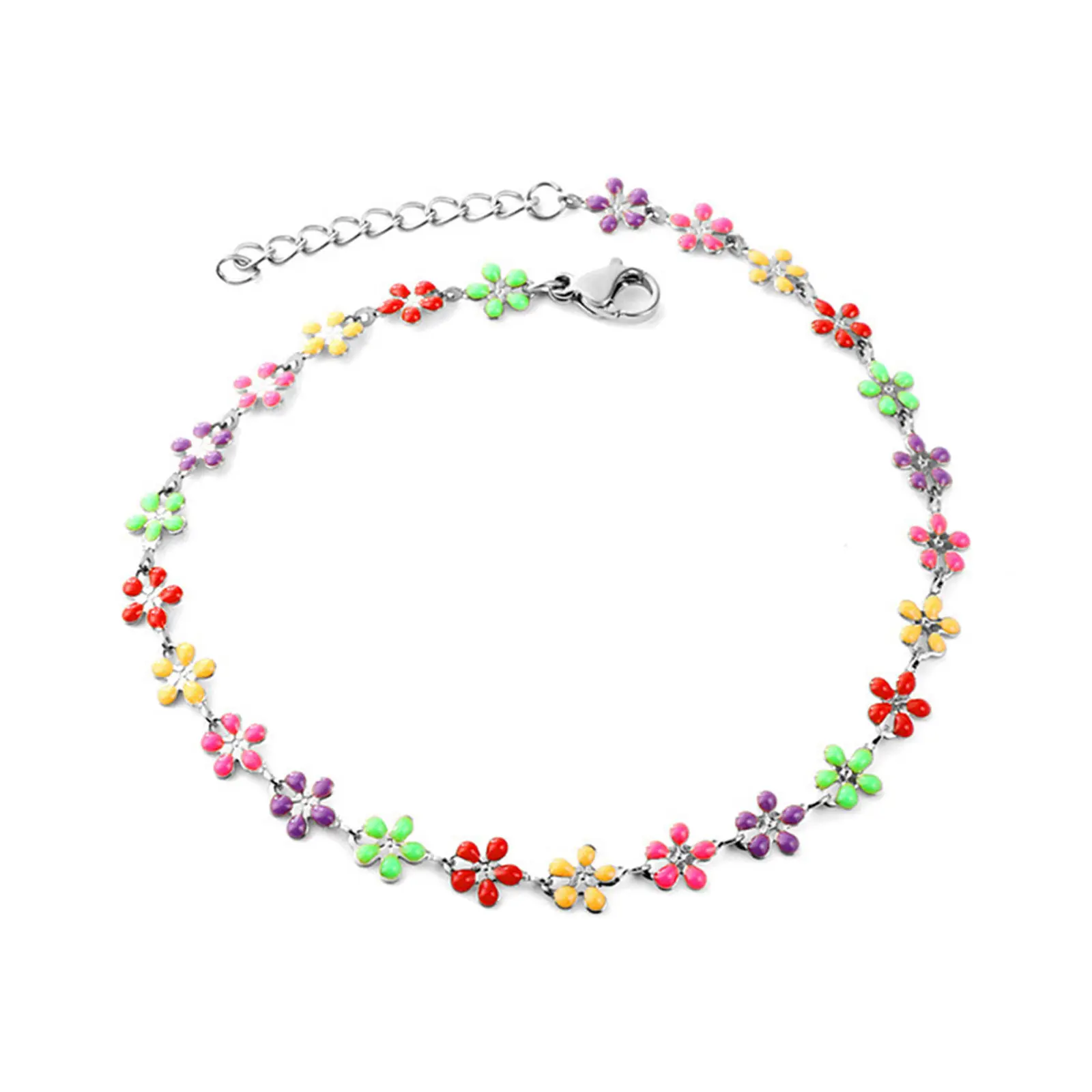 304 Stainless Steel Anklet Multicolor Enamel Evil Eye Flower Charms For Women On Foot Ankle Sandals Barefoot 22cm(8 5/8") Long