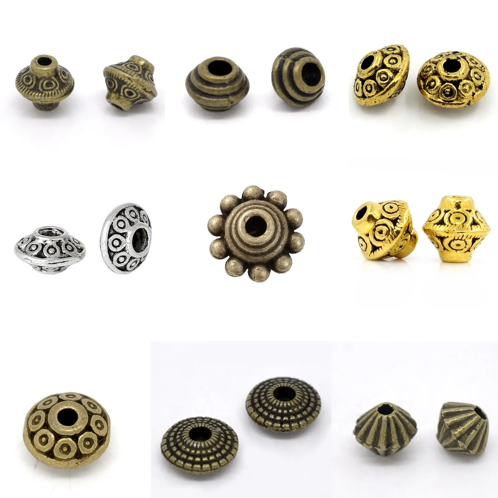 30/70/100/200pc Vintage Loose Spacer Bead Bicone Flying Saucer Dot Carved Antique Bronze Color Metal Beads DIY Necklace Jewelry
