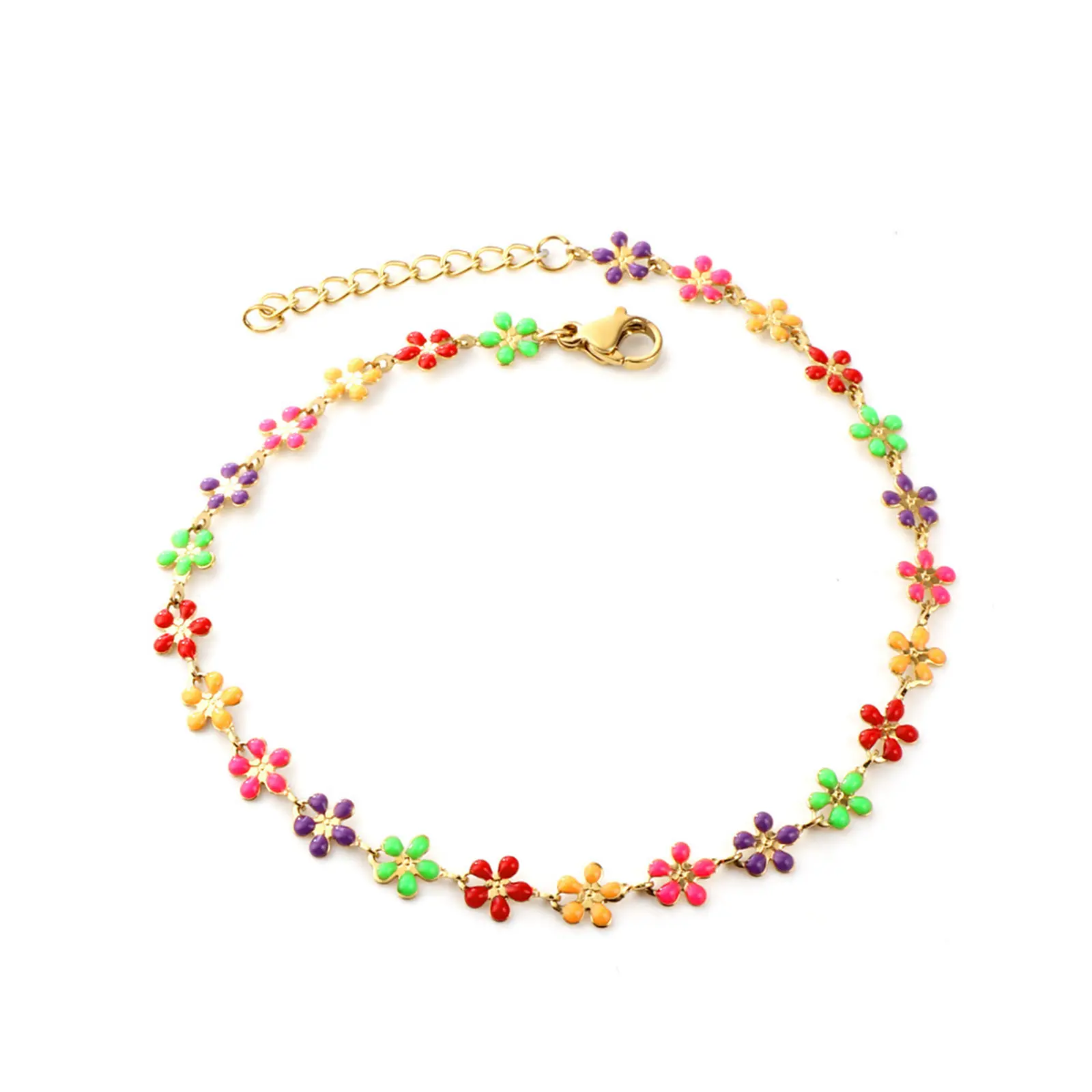 304 Stainless Steel Anklet Multicolor Enamel Evil Eye Flower Charms For Women On Foot Ankle Sandals Barefoot 22cm(8 5/8") Long
