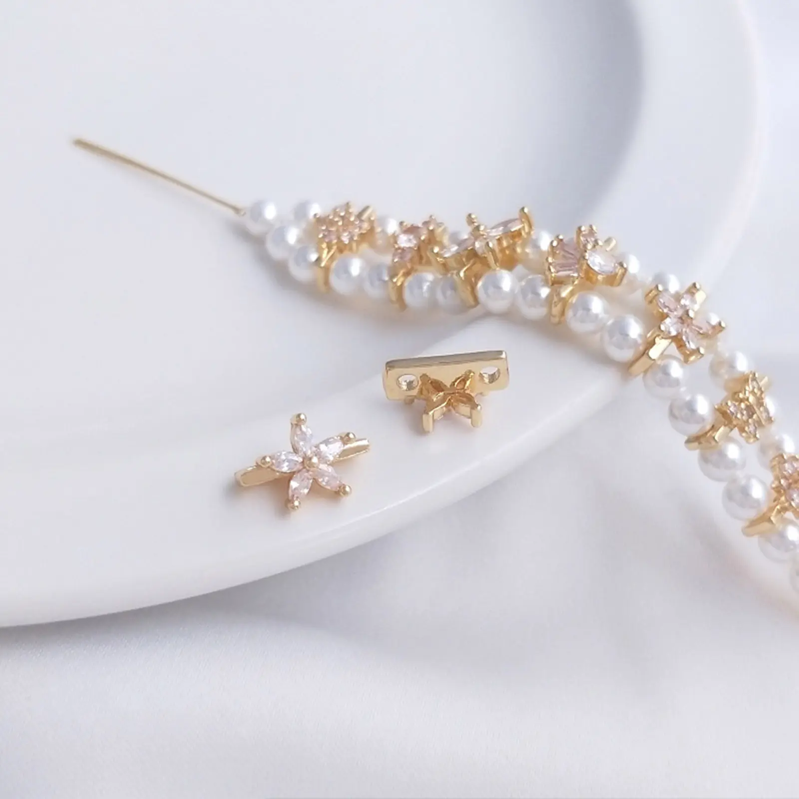 2/6PCs Brass & Cubic Zirconia Spacer Beads For DIY Bracelet Jewelry Making Findings 14K Real Gold Plated Transparent Clear Bead