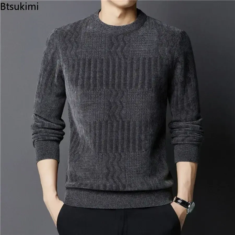 Autumn Winter New Men's Thicken Plush Warm Knitted Sweaters 2025 Fashion Jacquard O-neck Pullovers Men Casual Versatile Sweaters