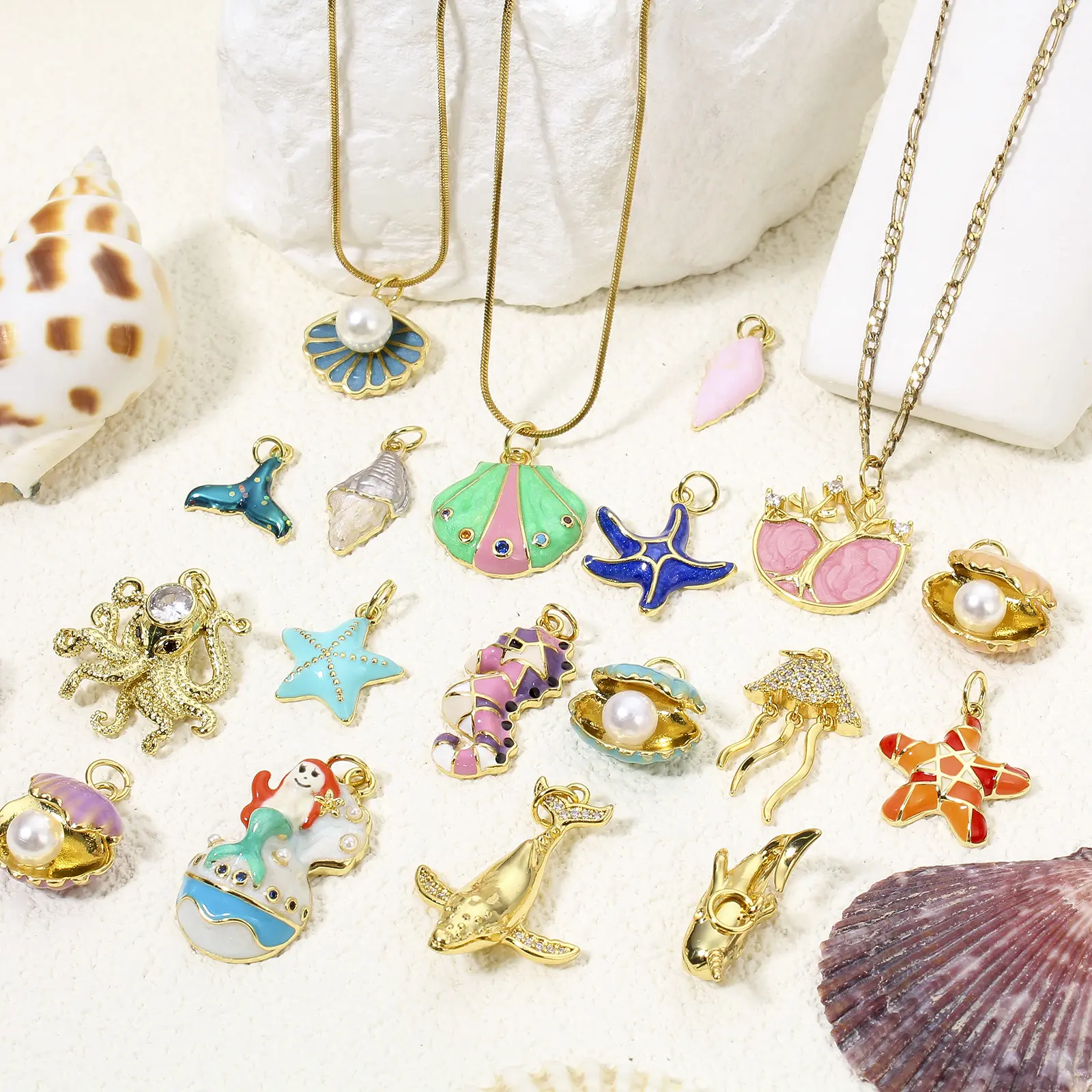 1 PC Ocean Series Shell starfish Octopus Charms For Jewelry Making 18K Real Gold Color Jewelry Pendant Multicolor Enamel Supply