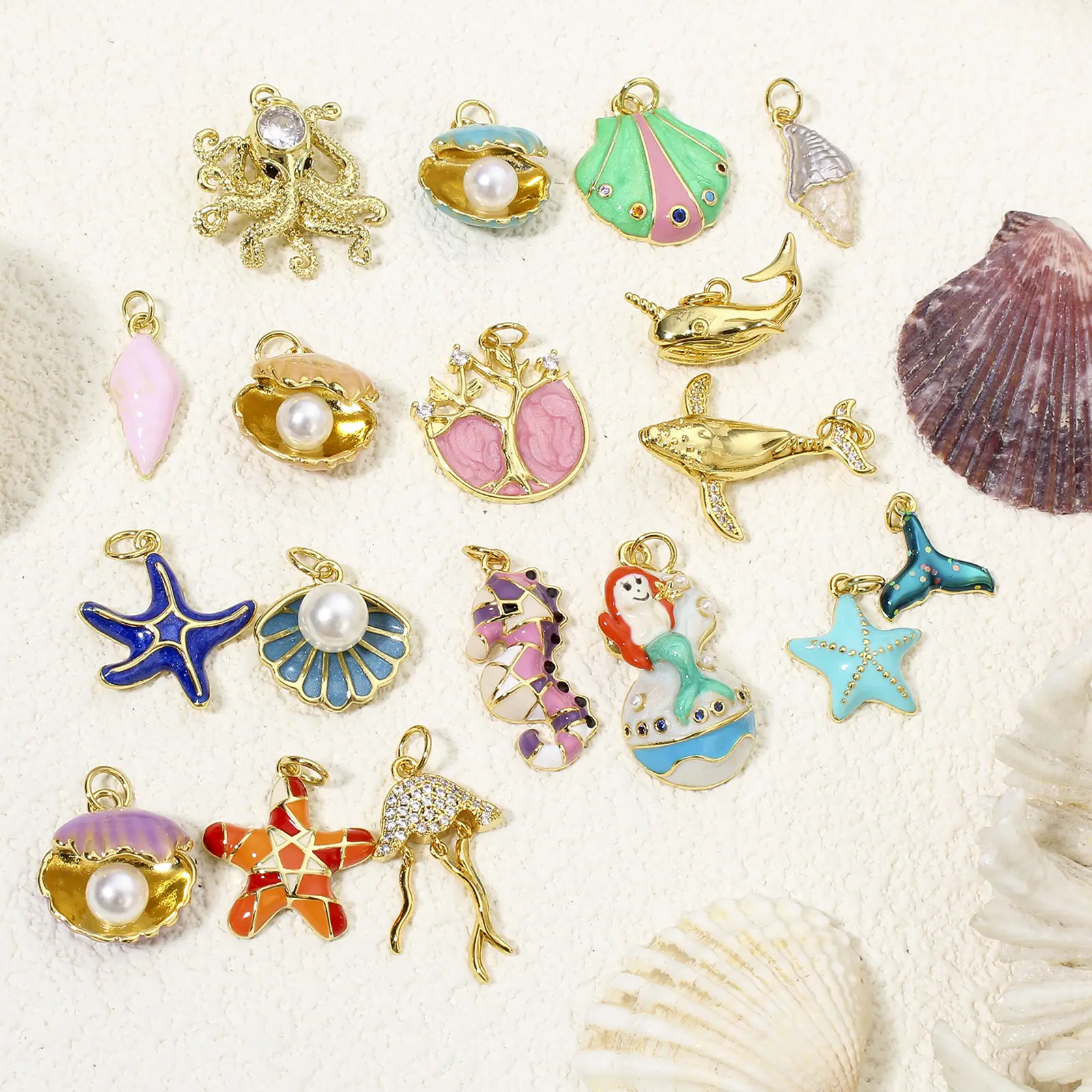 1 PC Ocean Series Shell starfish Octopus Charms For Jewelry Making 18K Real Gold Color Jewelry Pendant Multicolor Enamel Supply