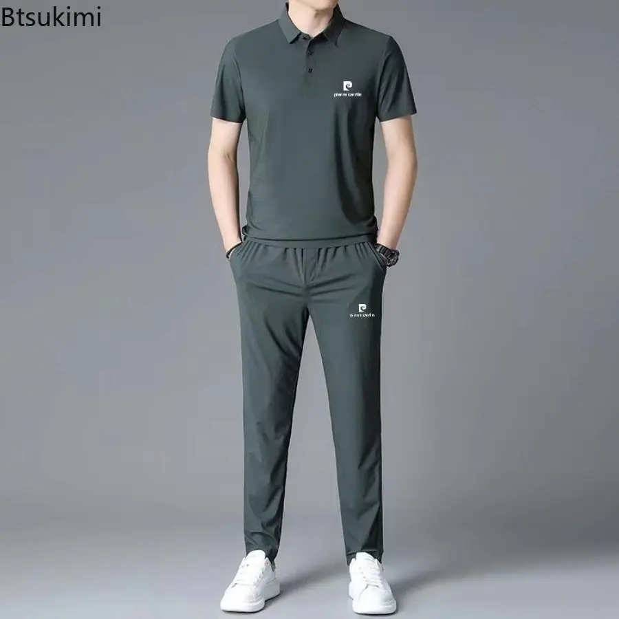 New 2025 Summer Men's Thin Collar Ice Silk Sports Two-piece Set Comfortable High Elasticity Breathable No Trace T-shirt for Men