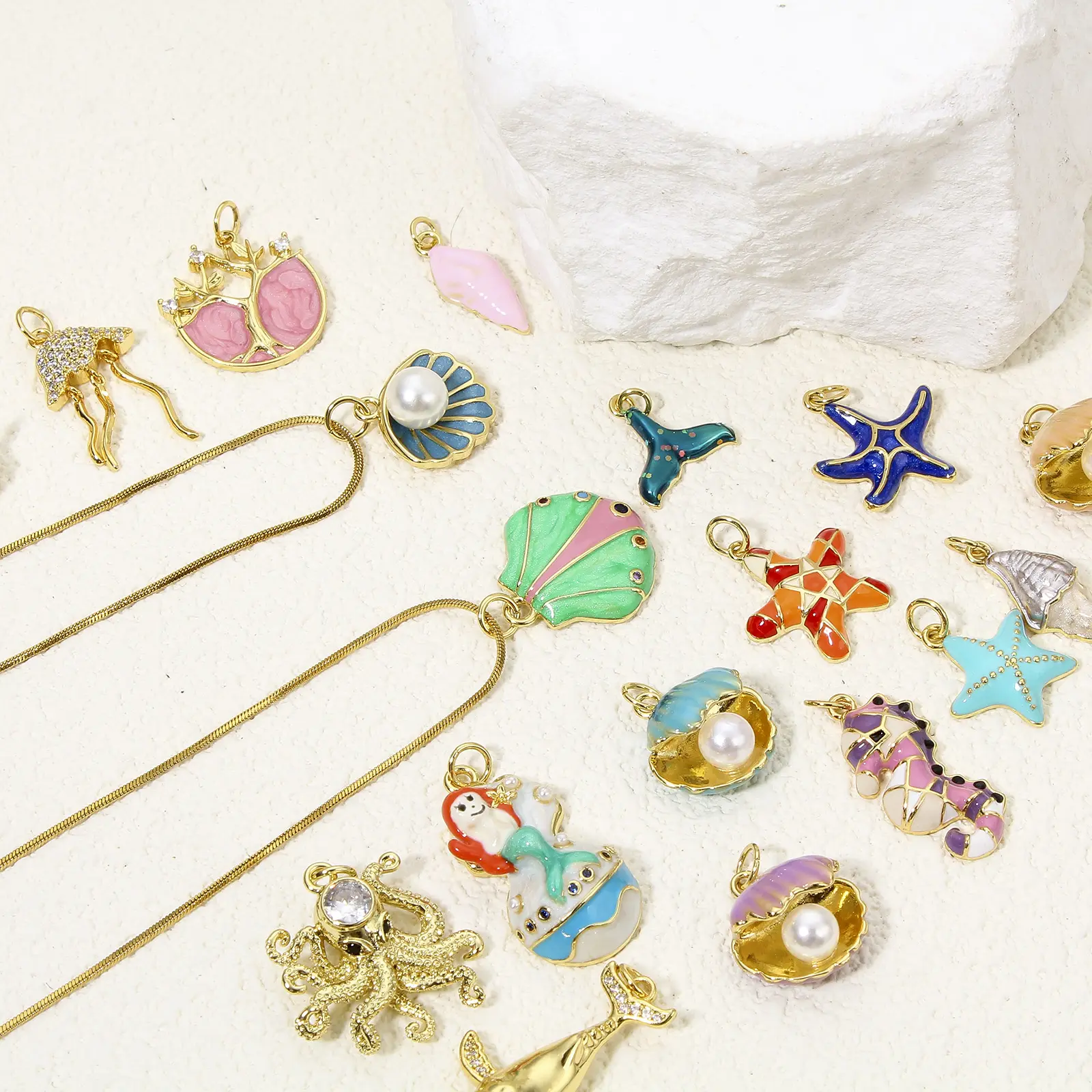 1 PC Ocean Series Shell starfish Octopus Charms For Jewelry Making 18K Real Gold Color Jewelry Pendant Multicolor Enamel Supply