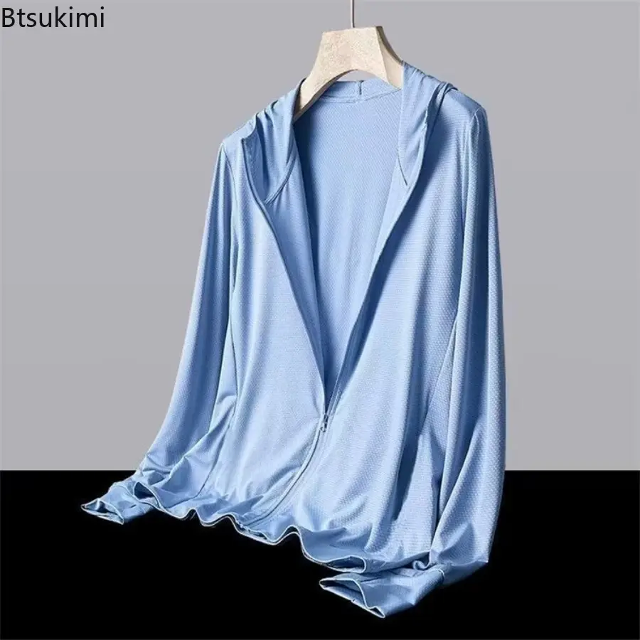2025 Fashion Outdoor Sun Protection Clothing Men's Ultrathin Breathable Mesh Hooded Jacket Solid Simple Slim Sunscreen Coat Male