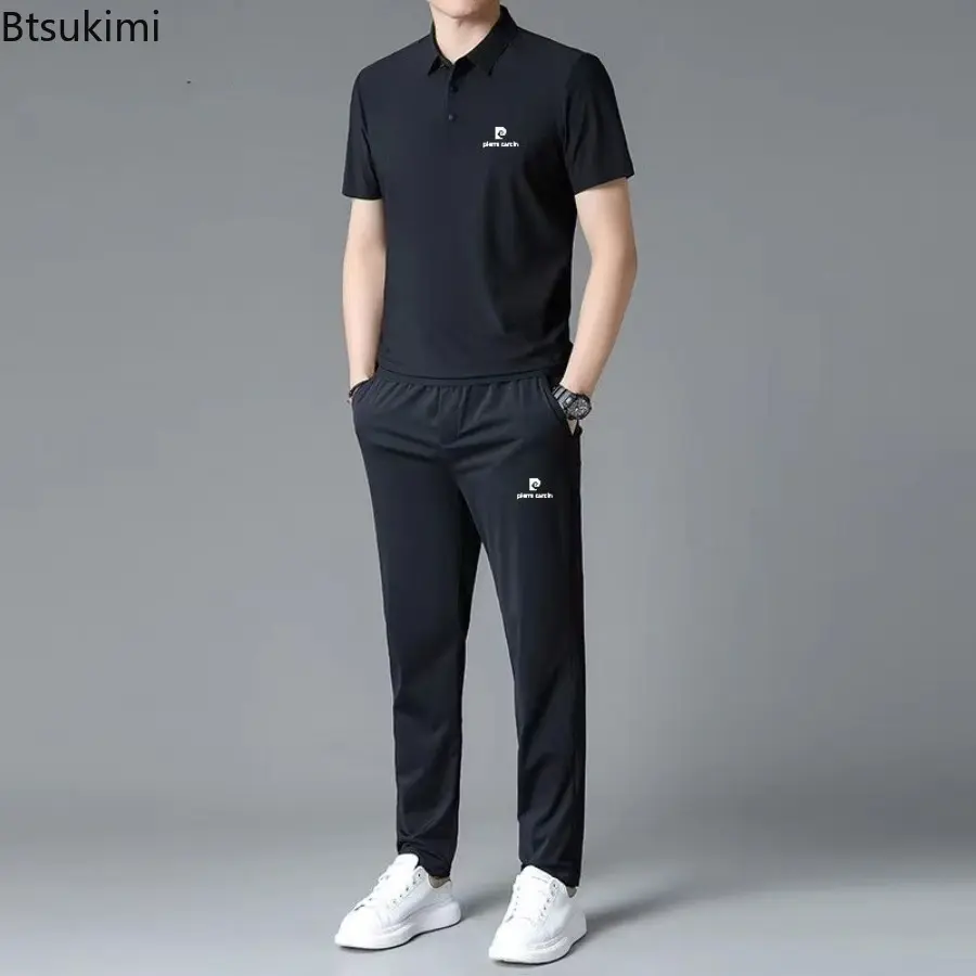 New 2025 Summer Men's Thin Collar Ice Silk Sports Two-piece Set Comfortable High Elasticity Breathable No Trace T-shirt for Men