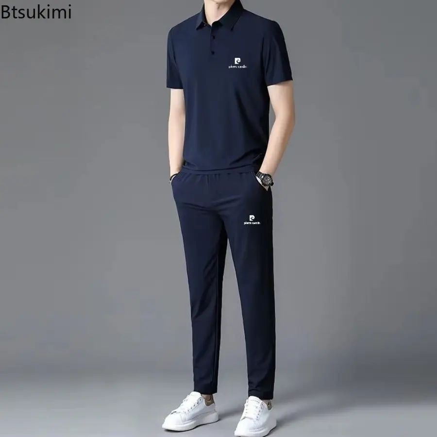 New 2025 Summer Men's Thin Collar Ice Silk Sports Two-piece Set Comfortable High Elasticity Breathable No Trace T-shirt for Men