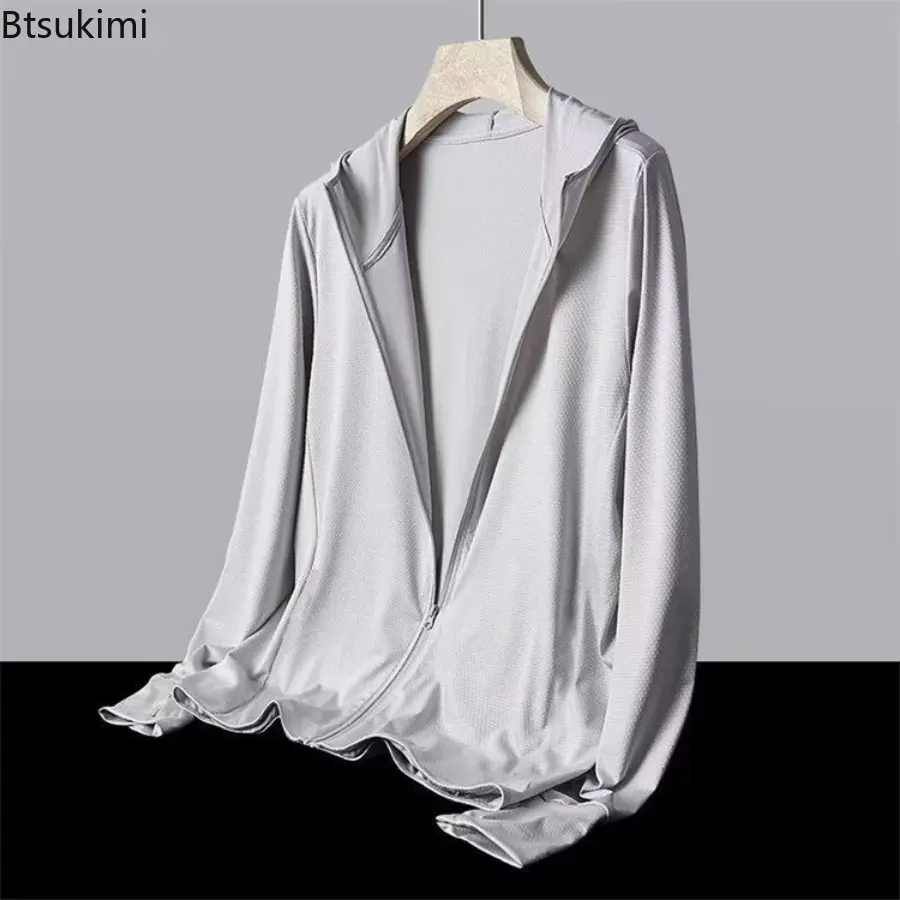 2025 Fashion Outdoor Sun Protection Clothing Men's Ultrathin Breathable Mesh Hooded Jacket Solid Simple Slim Sunscreen Coat Male