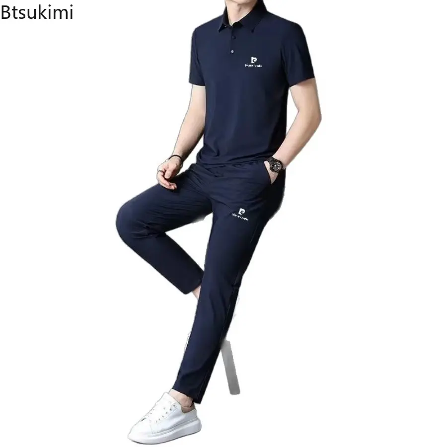 New 2025 Summer Men's Thin Collar Ice Silk Sports Two-piece Set Comfortable High Elasticity Breathable No Trace T-shirt for Men