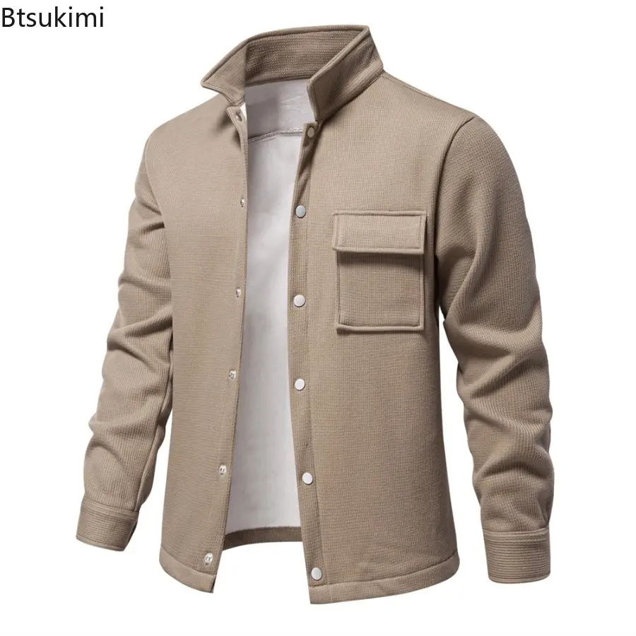 Autumn Winter Mens Waffle Fleece Lined Thick Warm Jacket Lapel Collar Cardigan Jacket Coat Solid Color with Pockets Jacket Tops