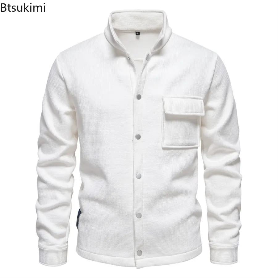 Autumn Winter Mens Waffle Fleece Lined Thick Warm Jacket Lapel Collar Cardigan Jacket Coat Solid Color with Pockets Jacket Tops