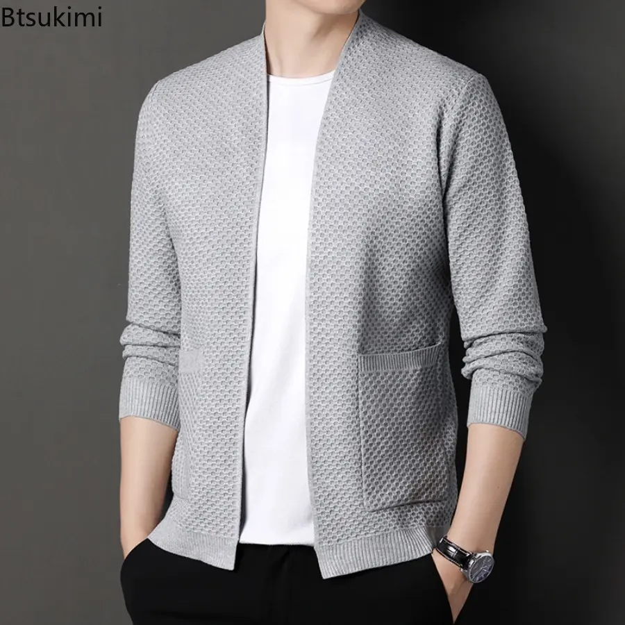 2025 Spring Autumn Men Solid Fish Scale Cardigan Knitted Sweater Coat Middle Aged Men's Fashion Loose Casual Thin Knitted Tops