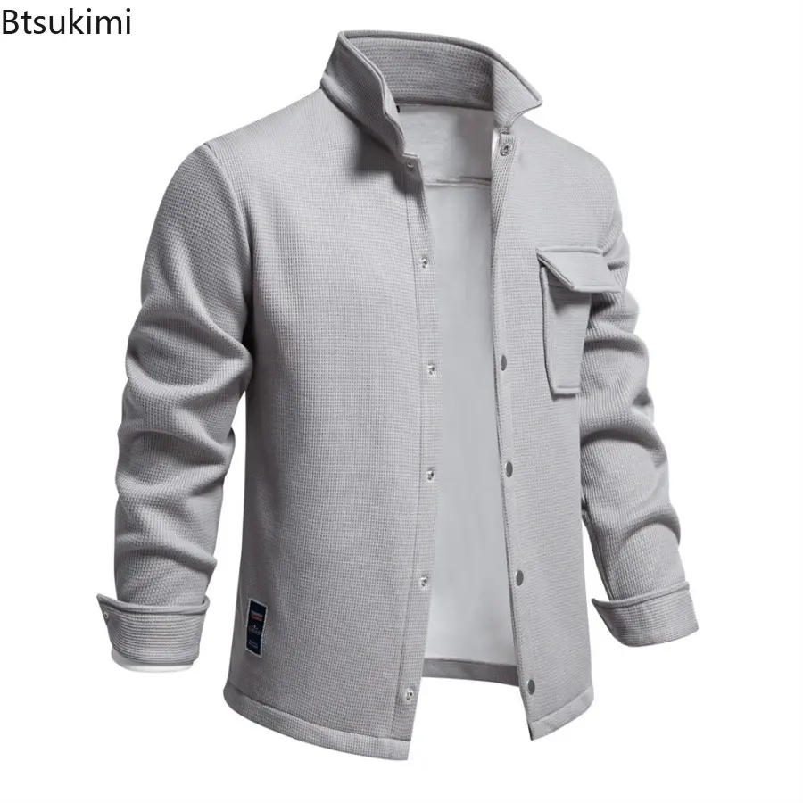 Autumn Winter Mens Waffle Fleece Lined Thick Warm Jacket Lapel Collar Cardigan Jacket Coat Solid Color with Pockets Jacket Tops