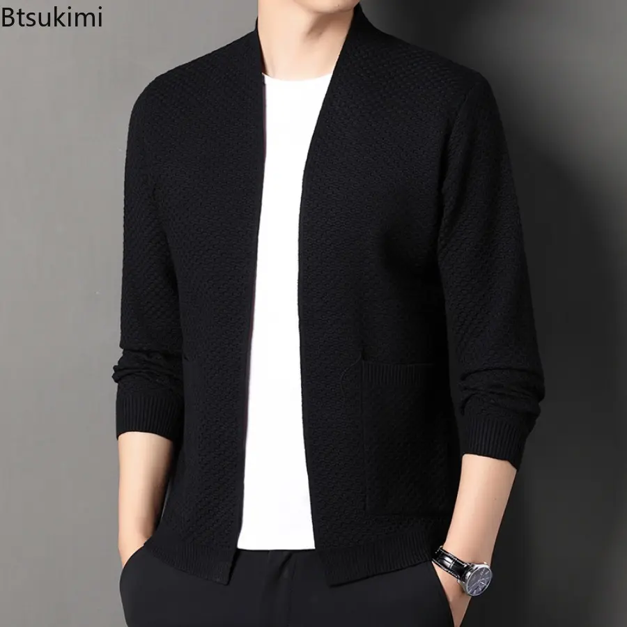 2025 Spring Autumn Men Solid Fish Scale Cardigan Knitted Sweater Coat Middle Aged Men's Fashion Loose Casual Thin Knitted Tops