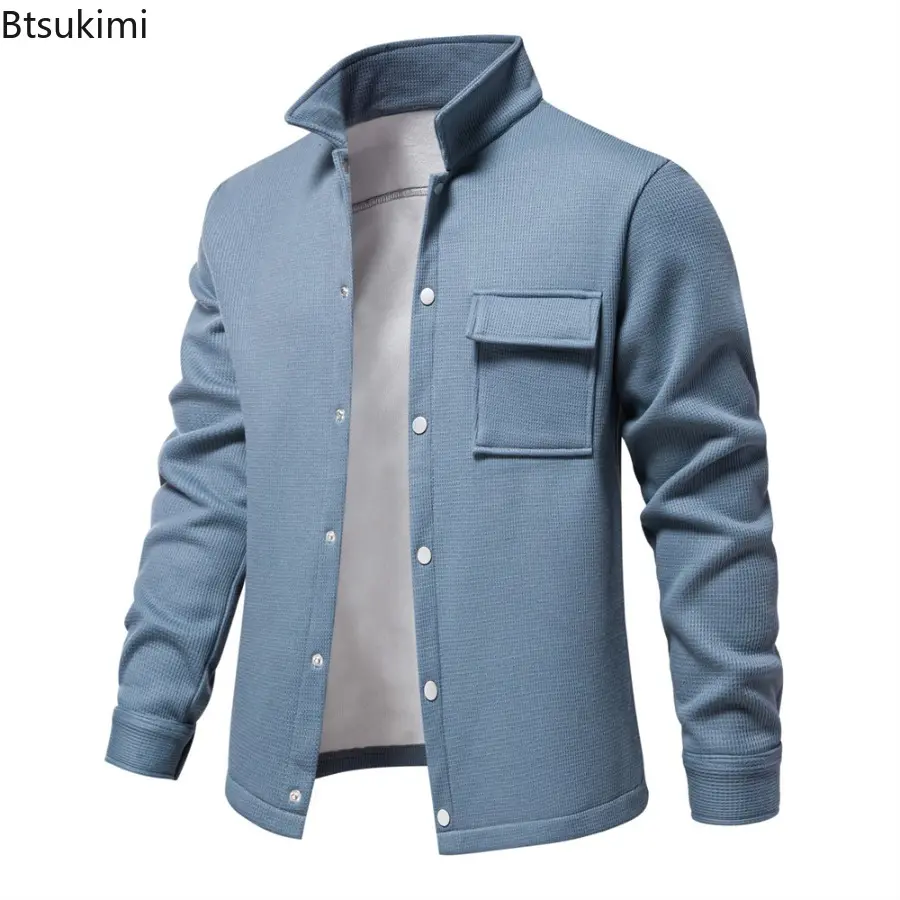 Autumn Winter Mens Waffle Fleece Lined Thick Warm Jacket Lapel Collar Cardigan Jacket Coat Solid Color with Pockets Jacket Tops