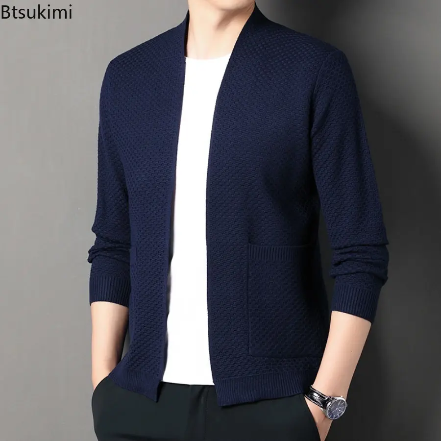2025 Spring Autumn Men Solid Fish Scale Cardigan Knitted Sweater Coat Middle Aged Men's Fashion Loose Casual Thin Knitted Tops