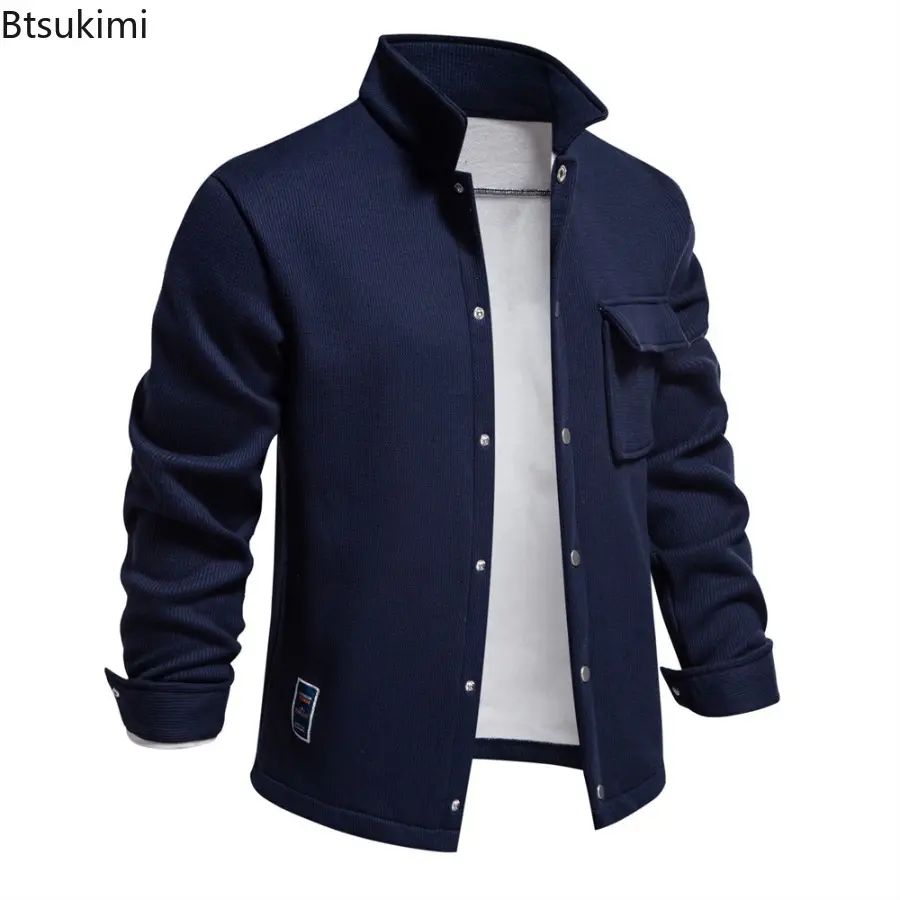 Autumn Winter Mens Waffle Fleece Lined Thick Warm Jacket Lapel Collar Cardigan Jacket Coat Solid Color with Pockets Jacket Tops