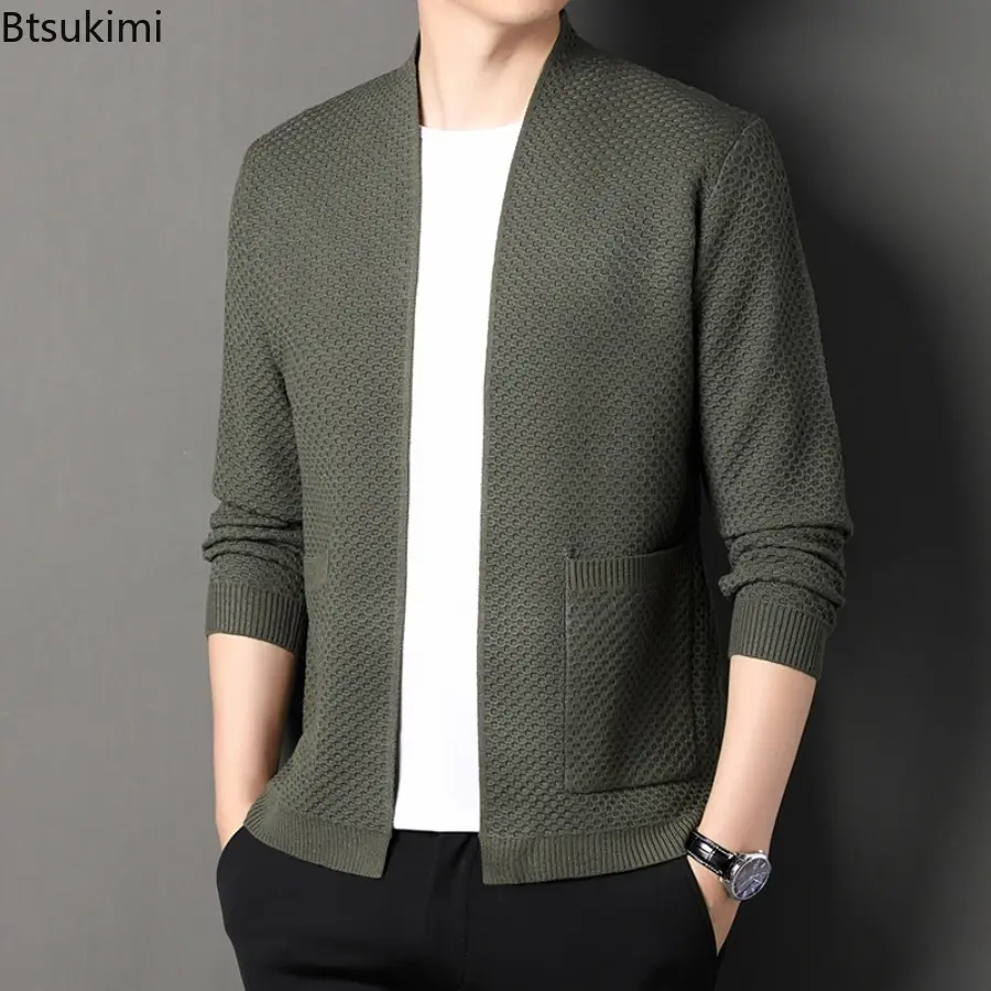 2025 Spring Autumn Men Solid Fish Scale Cardigan Knitted Sweater Coat Middle Aged Men's Fashion Loose Casual Thin Knitted Tops