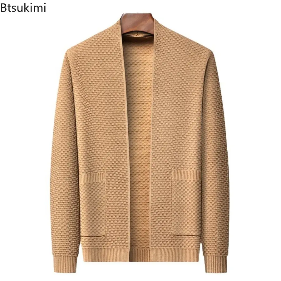 2025 Spring Autumn Men Solid Fish Scale Cardigan Knitted Sweater Coat Middle Aged Men's Fashion Loose Casual Thin Knitted Tops